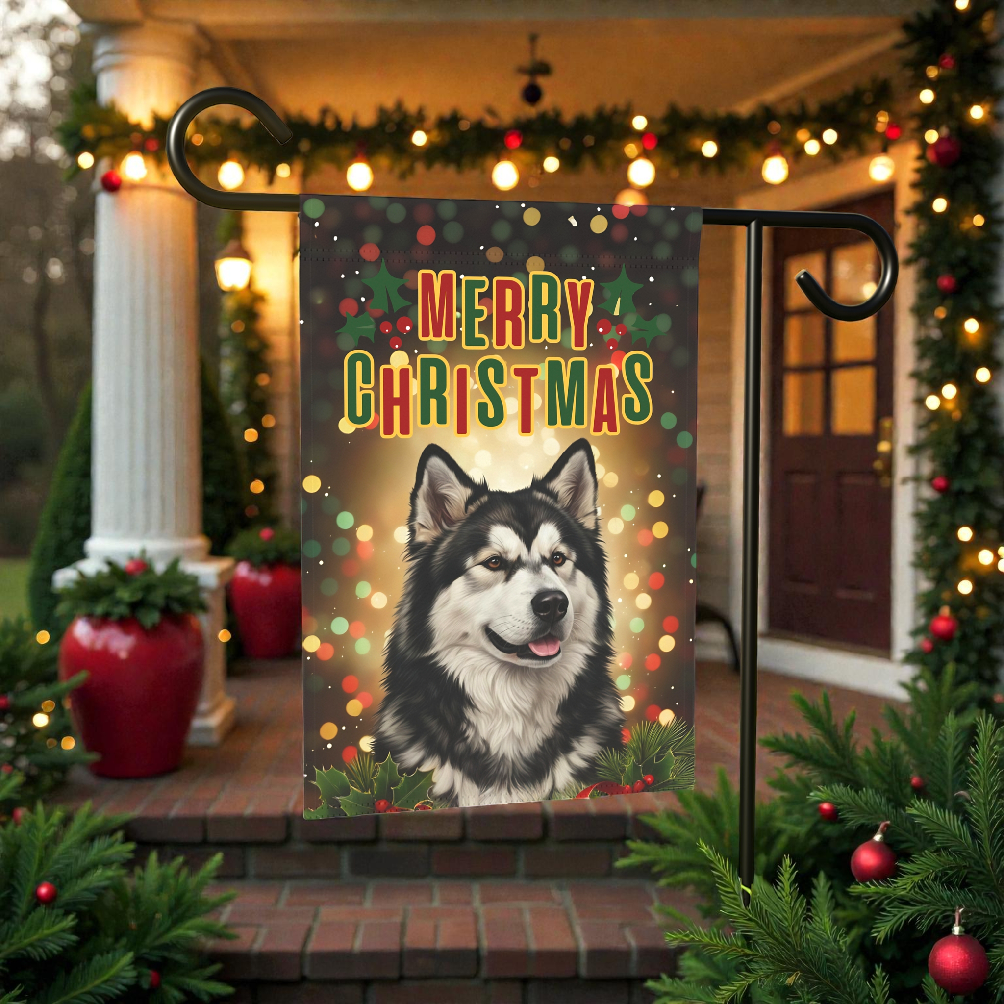 Merry Christmas in Lights Alaskan Malamute Garden Flag - lifestyle display - Dragonfire Gardens