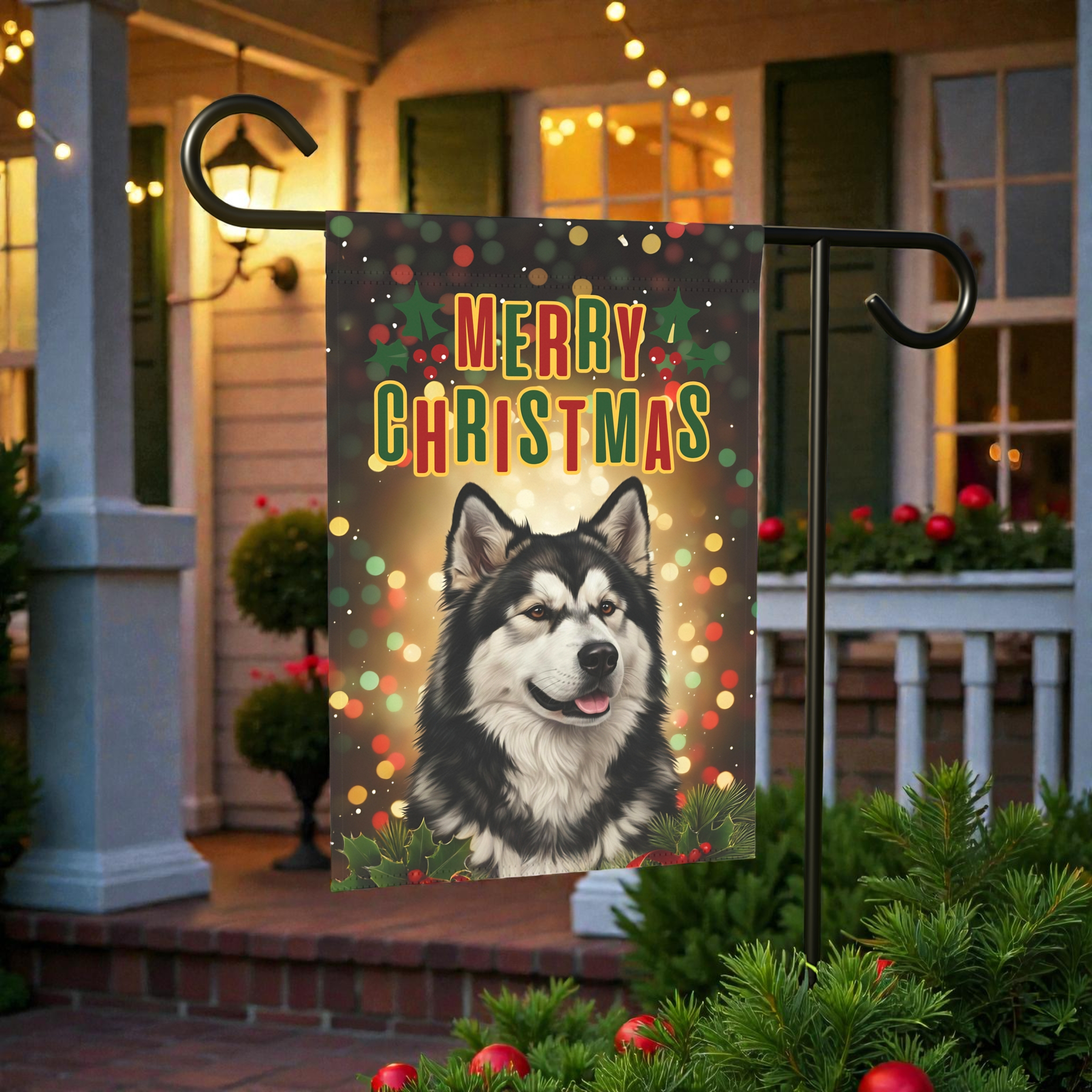 Merry Christmas in Lights Alaskan Malamute Garden Flag - outdoor display - Dragonfire Gardens