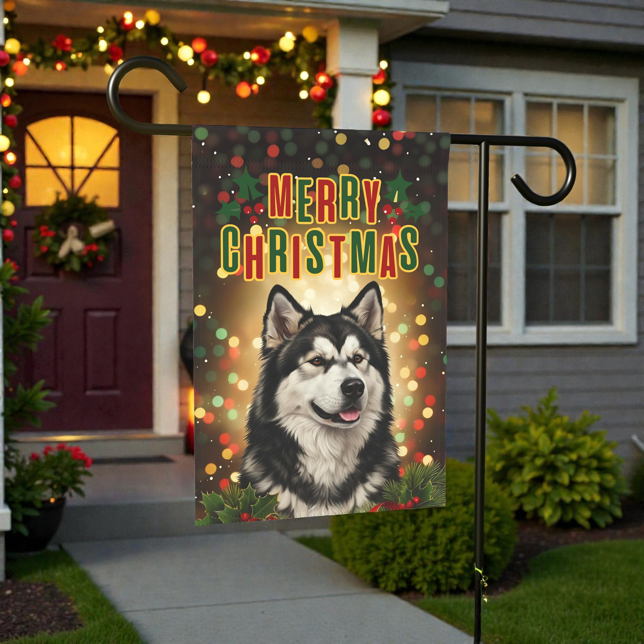 Merry Christmas in Lights Alaskan Malamute Garden Flag - product detail - Dragonfire Gardens