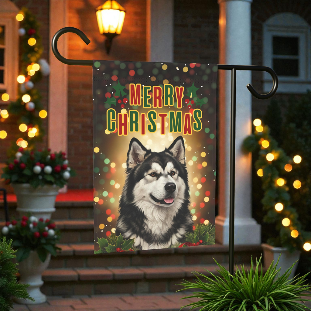 Merry Christmas in Lights Alaskan Malamute Garden Flag - front view - Dragonfire Gardens
