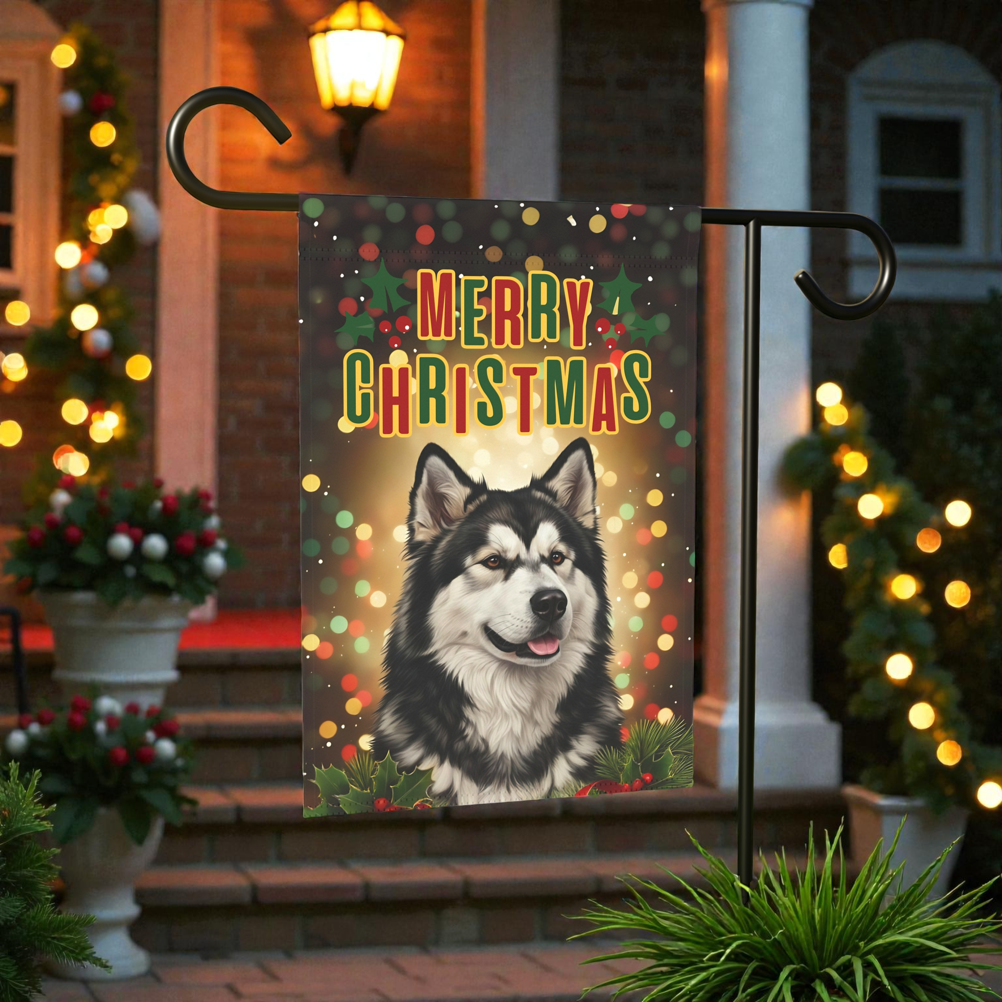 Merry Christmas in Lights Alaskan Malamute Garden Flag - front view - Dragonfire Gardens