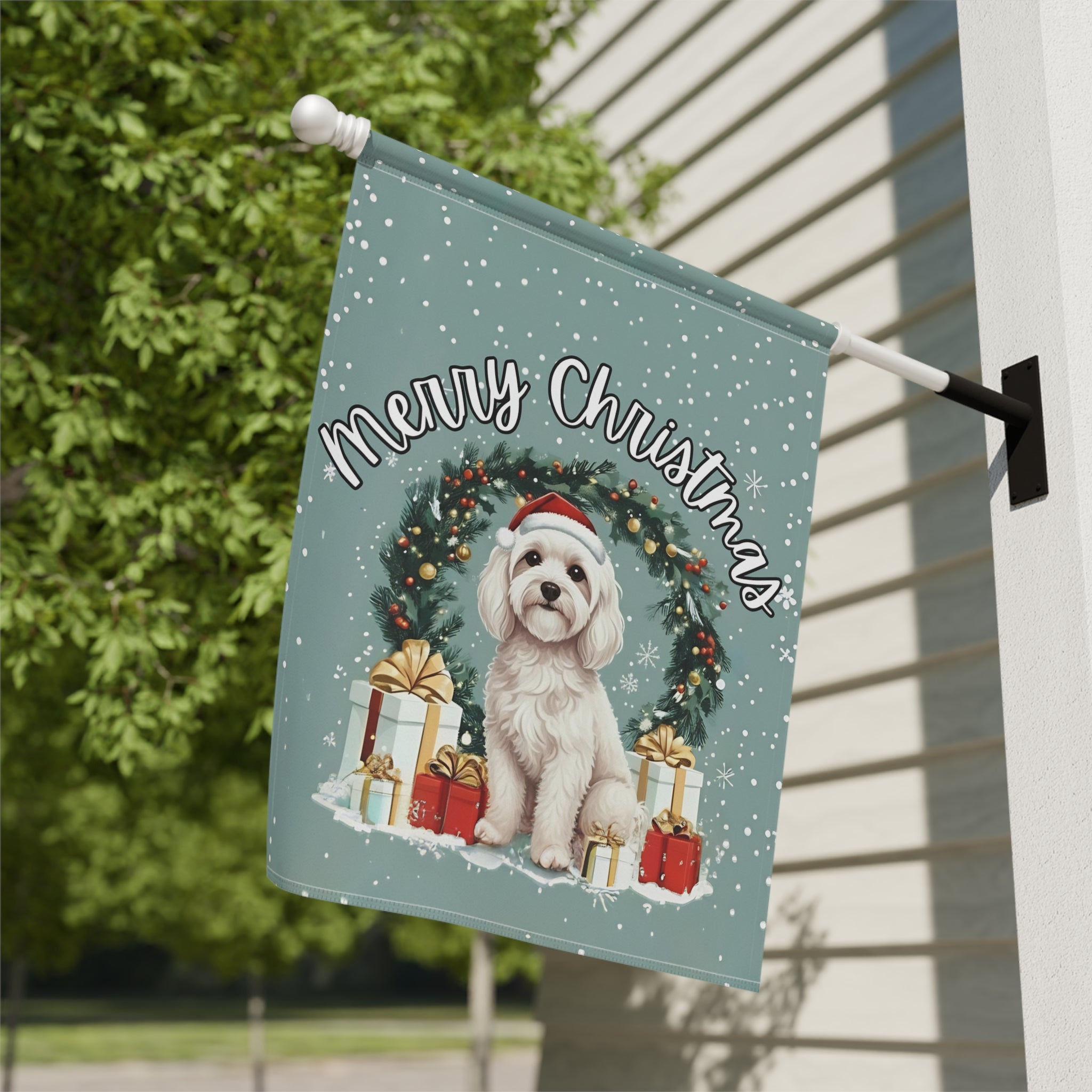 Merry Christmas Bolognese Garden Flag - double-sided design - Dragonfire Gardens