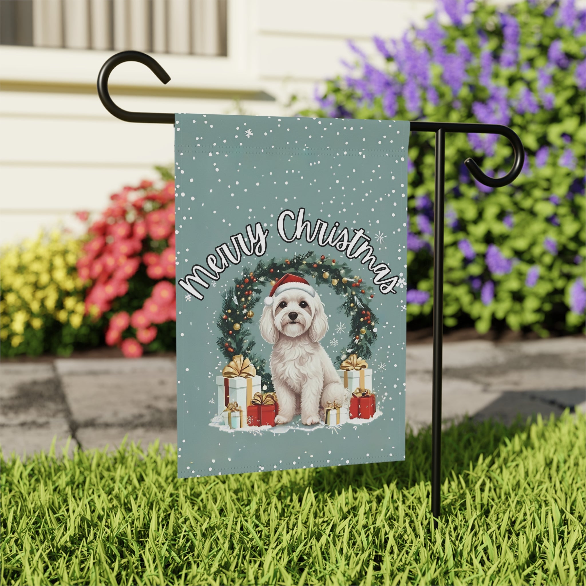 Merry Christmas Bolognese Garden Flag - close-up detail - Dragonfire Gardens