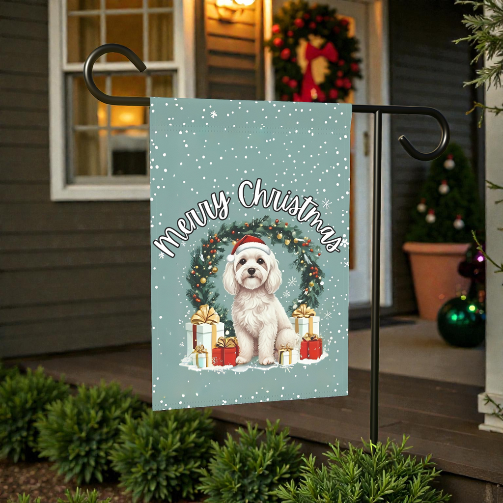 Merry Christmas Bolognese Garden Flag - outdoor display - Dragonfire Gardens
