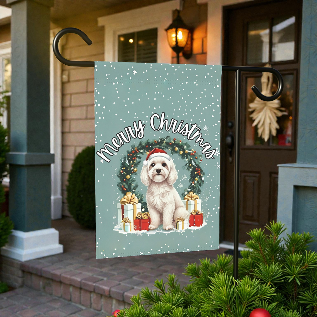 Merry Christmas Bolognese Garden Flag - lifestyle display - Dragonfire Gardens