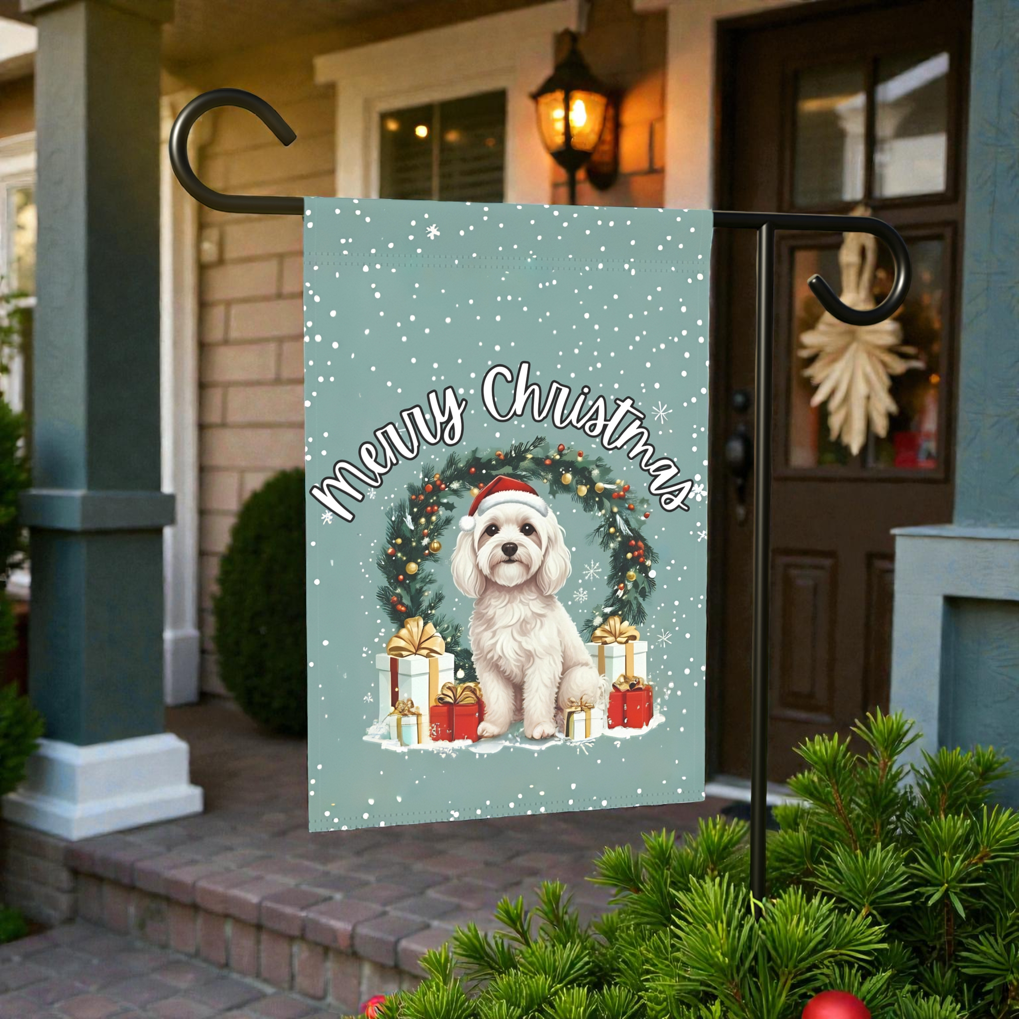 Merry Christmas Bolognese Garden Flag - lifestyle display - Dragonfire Gardens