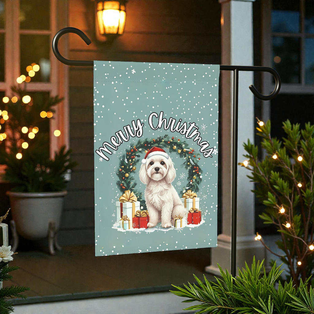 Merry Christmas Bolognese Garden Flag - front view - Dragonfire Gardens