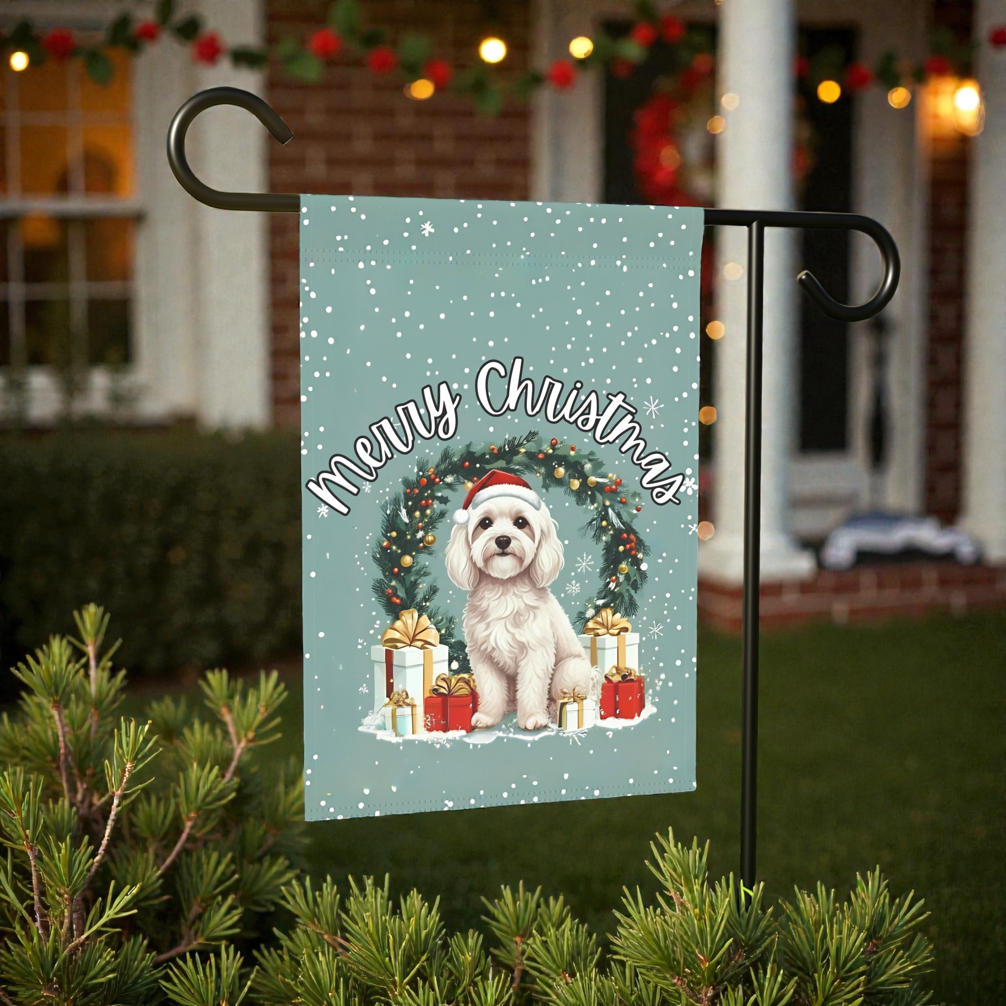 Merry Christmas Bolognese Garden Flag - product detail - Dragonfire Gardens