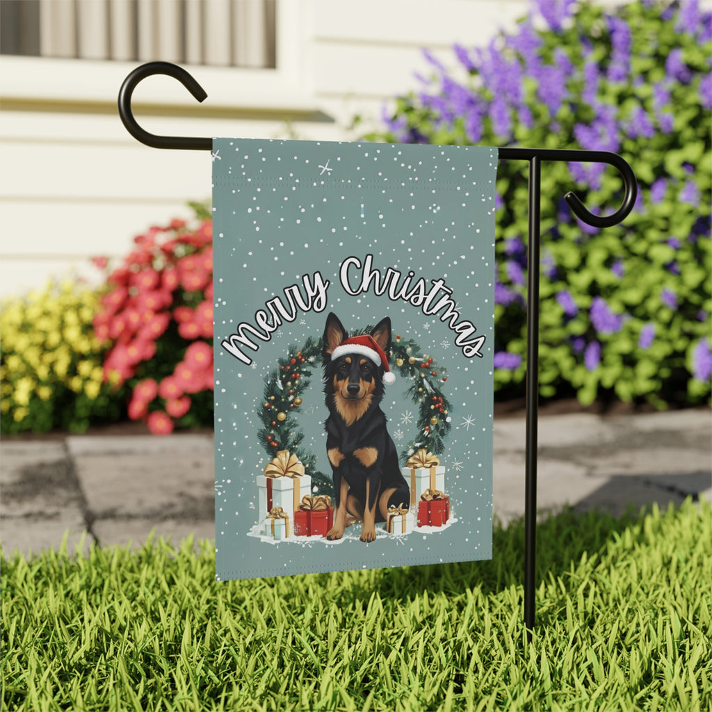 Merry Christmas Bohemian Shepherd Garden Flag - close-up detail - Dragonfire Gardens