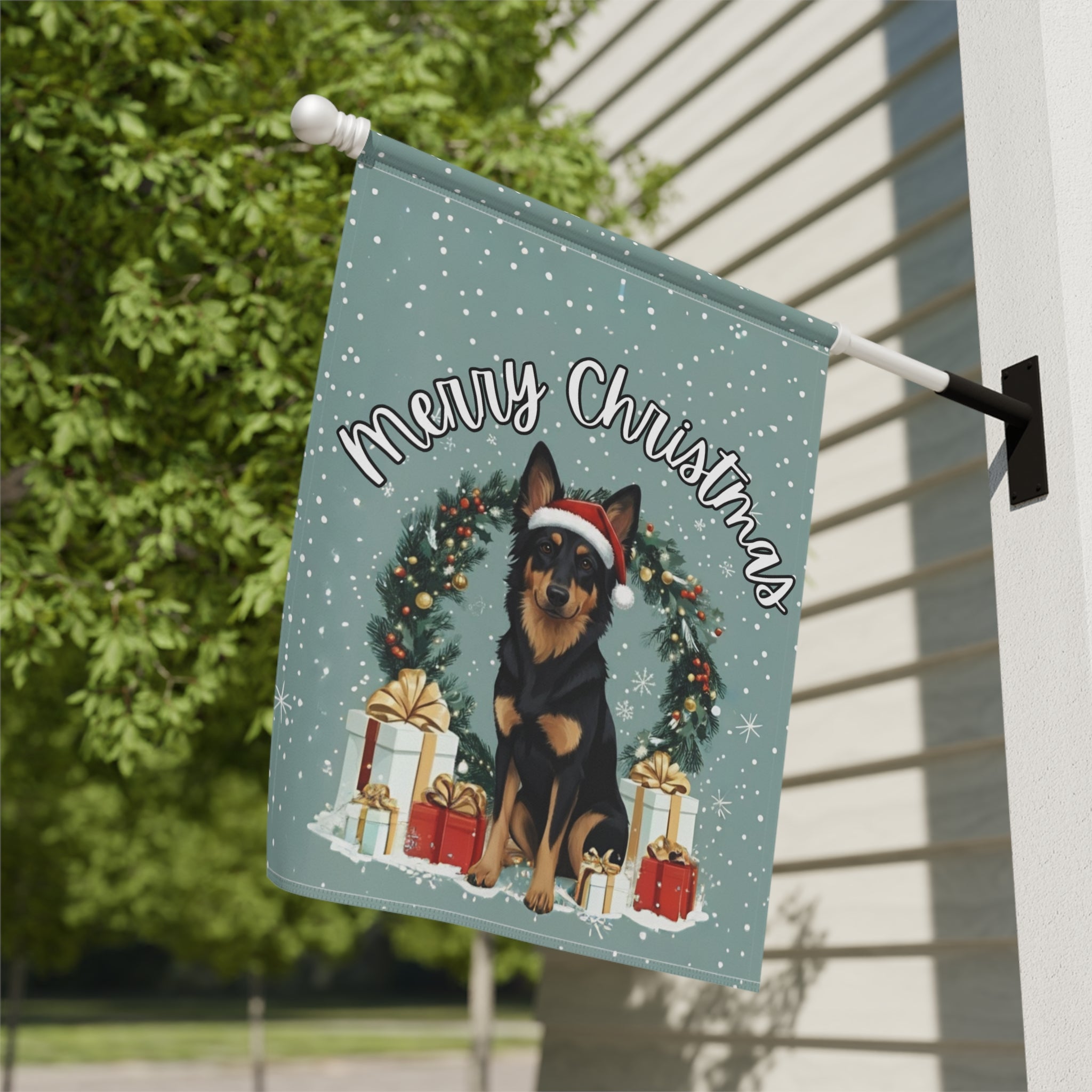 Merry Christmas Bohemian Shepherd Garden Flag - double-sided design - Dragonfire Gardens
