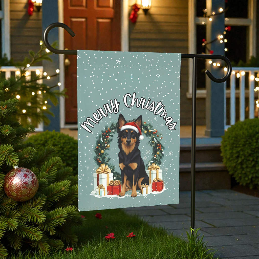 Merry Christmas Bohemian Shepherd Garden Flag - lifestyle display - Dragonfire Gardens