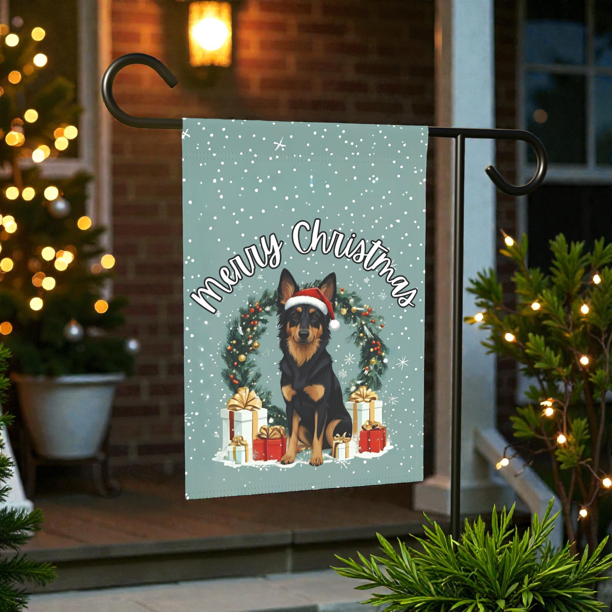 Merry Christmas Bohemian Shepherd Garden Flag - front view - Dragonfire Gardens