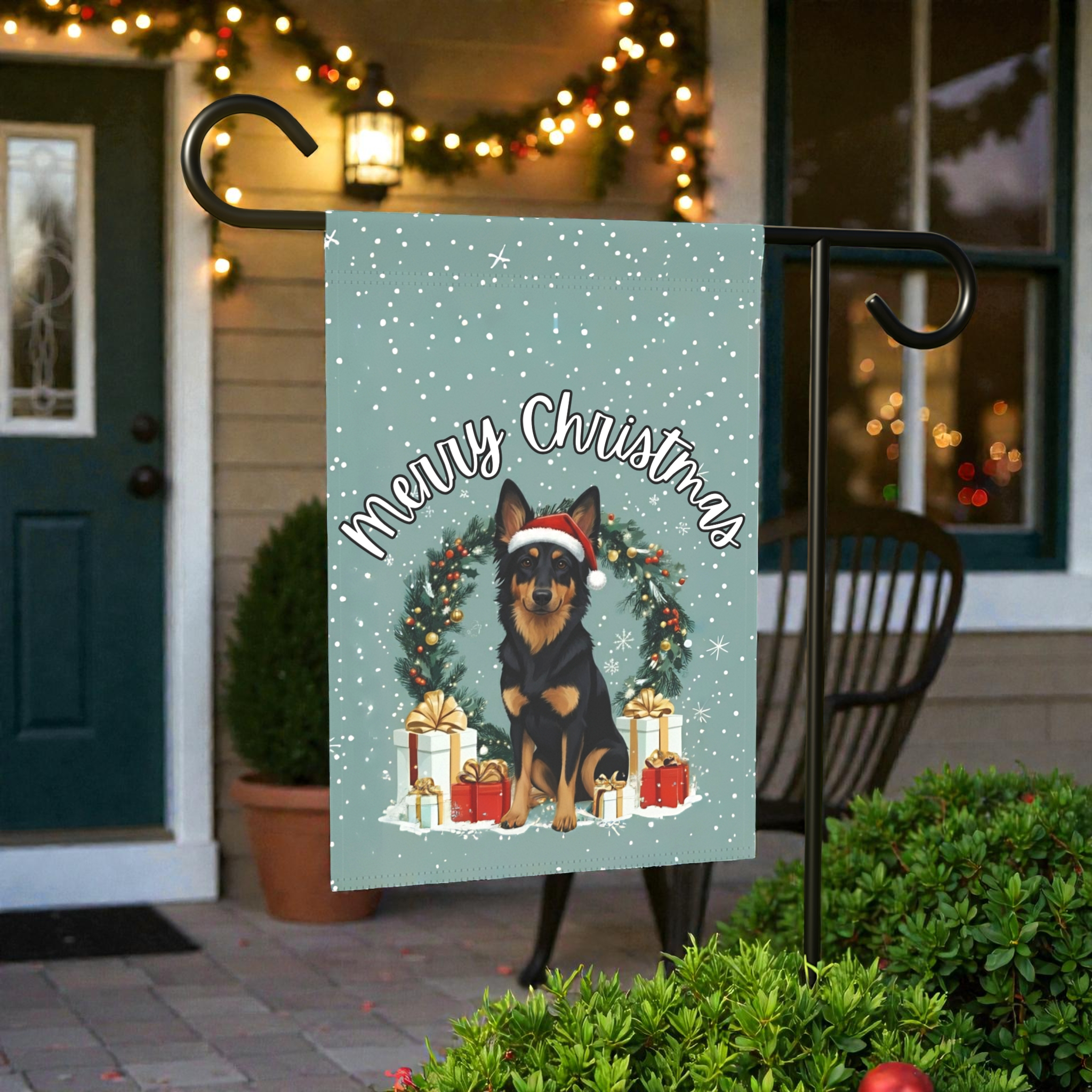Merry Christmas Bohemian Shepherd Garden Flag - product detail - Dragonfire Gardens
