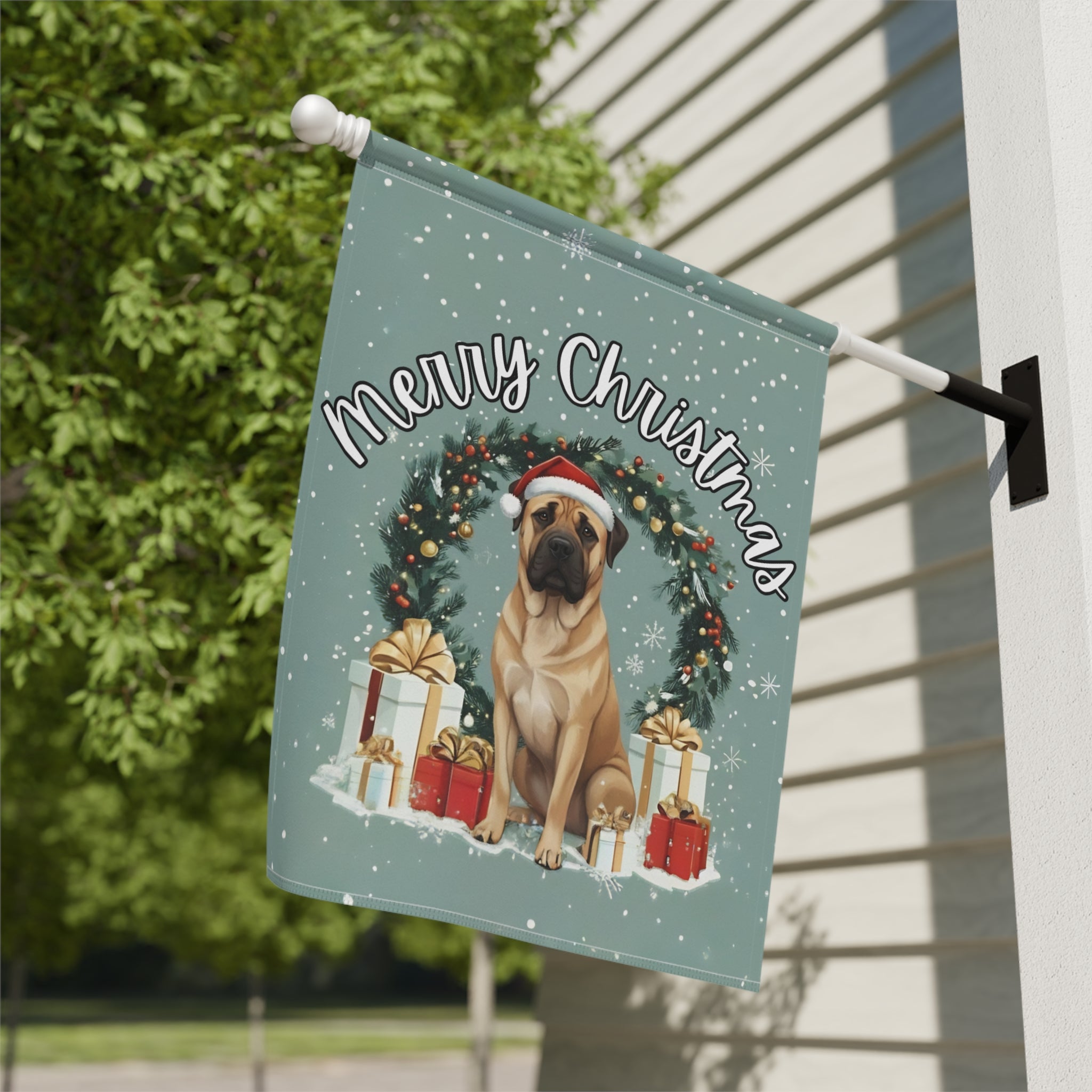 Merry Christmas Boerboel Garden Flag - double-sided design - Dragonfire Gardens