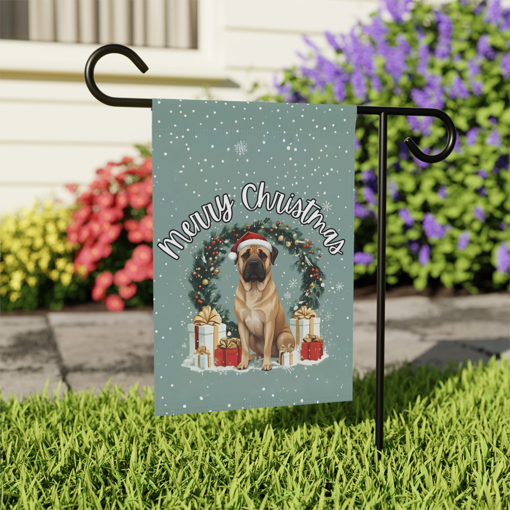 Merry Christmas Boerboel Garden Flag - close-up detail - Dragonfire Gardens