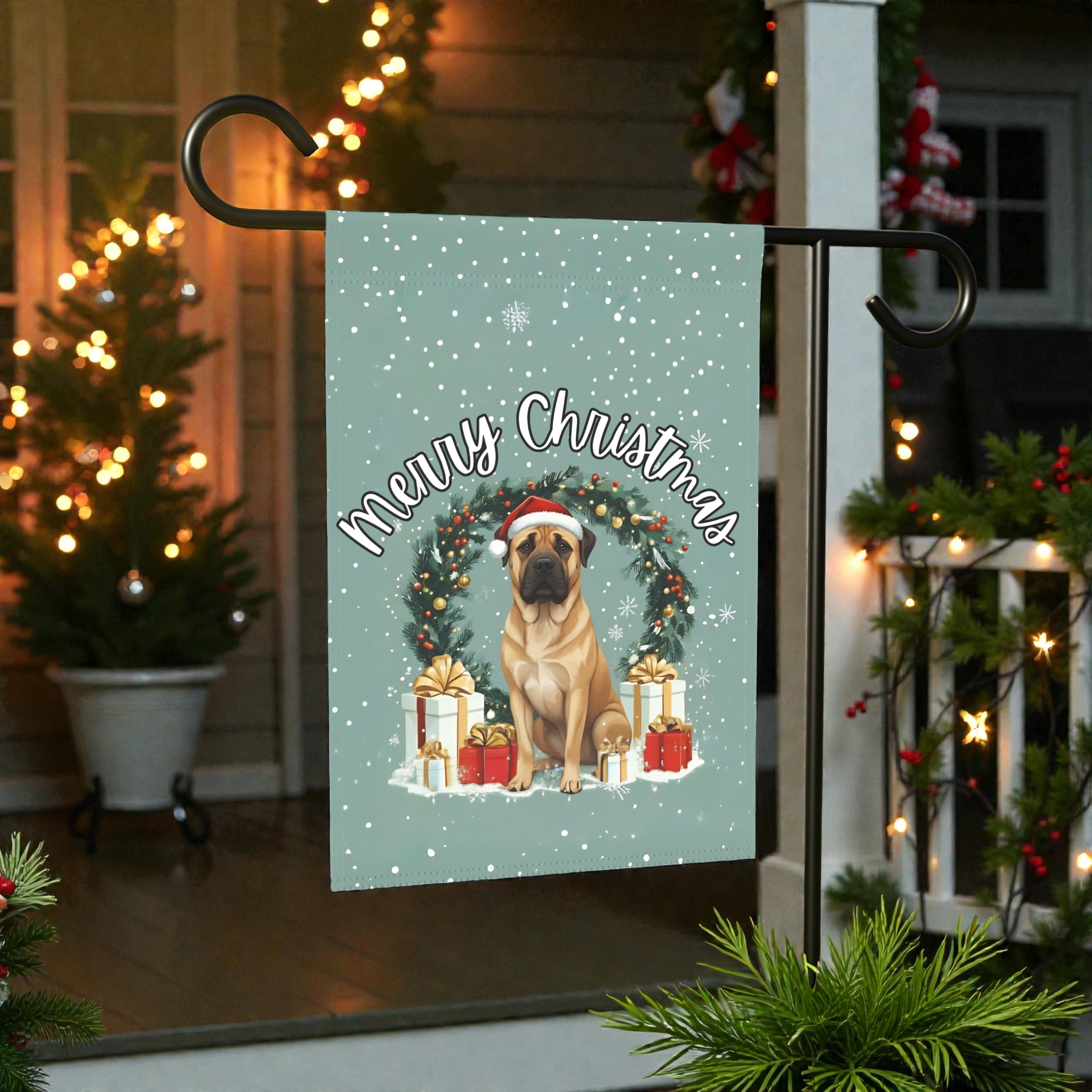 Merry Christmas Boerboel Garden Flag - front view - Dragonfire Gardens