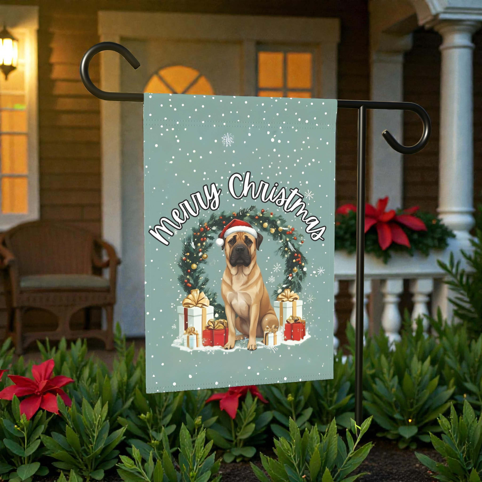 Merry Christmas Boerboel Garden Flag - product detail - Dragonfire Gardens