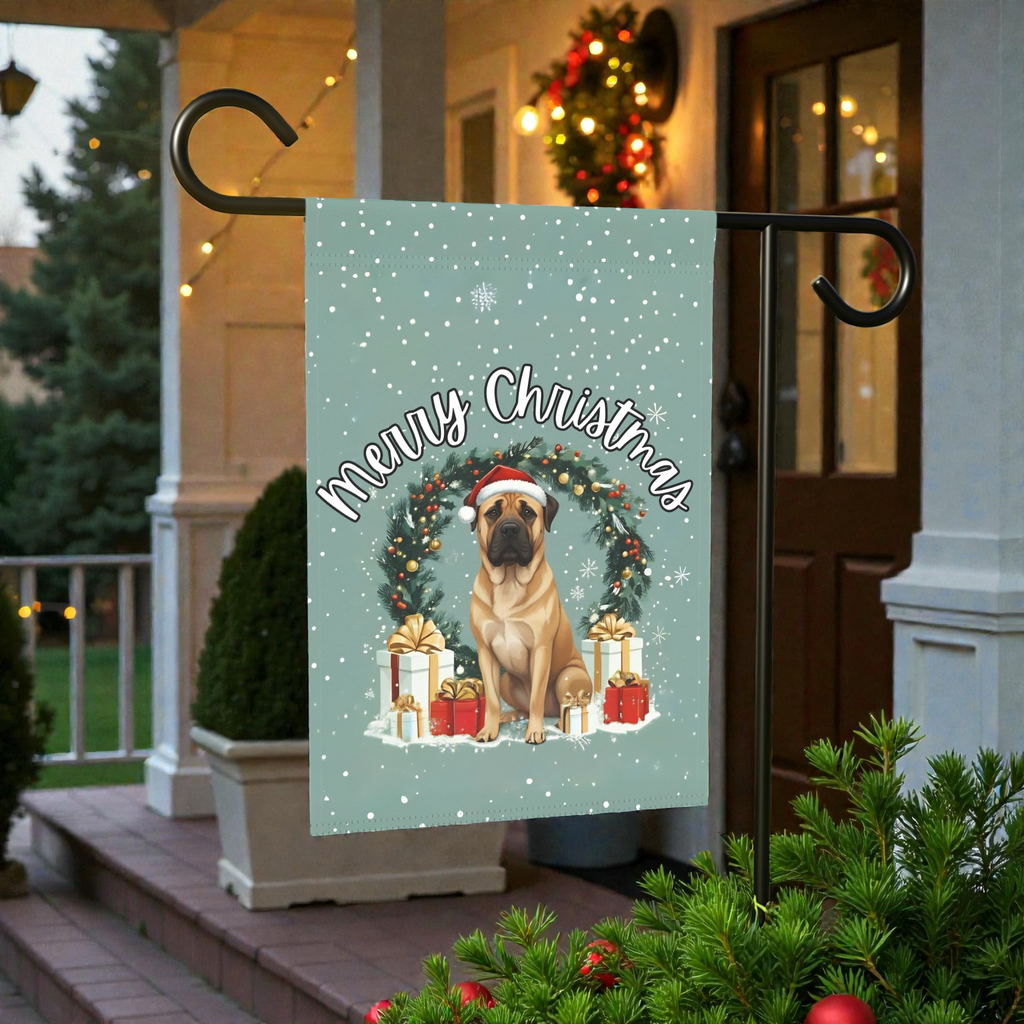 Merry Christmas Boerboel Garden Flag - outdoor display - Dragonfire Gardens