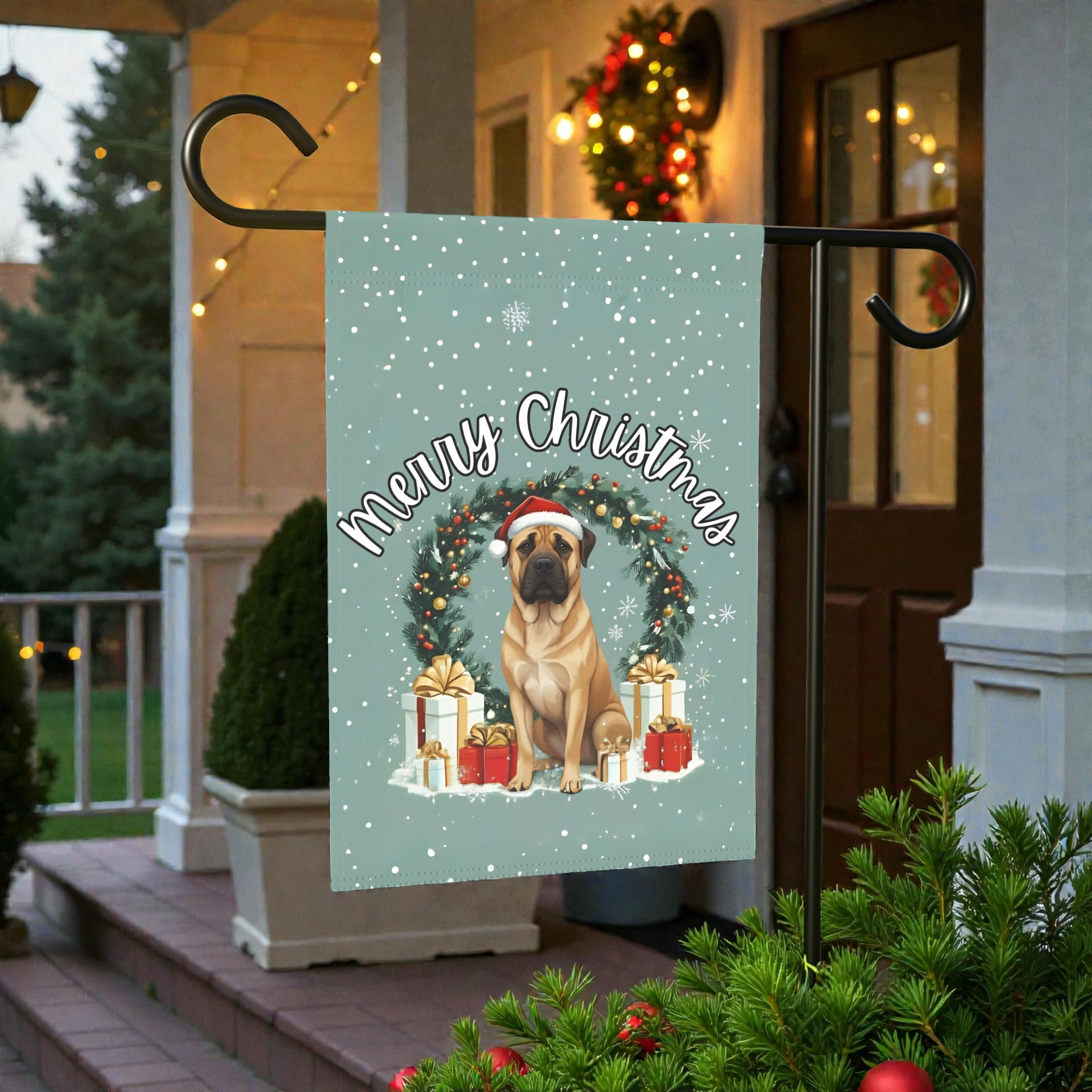 Merry Christmas Boerboel Garden Flag - outdoor display - Dragonfire Gardens