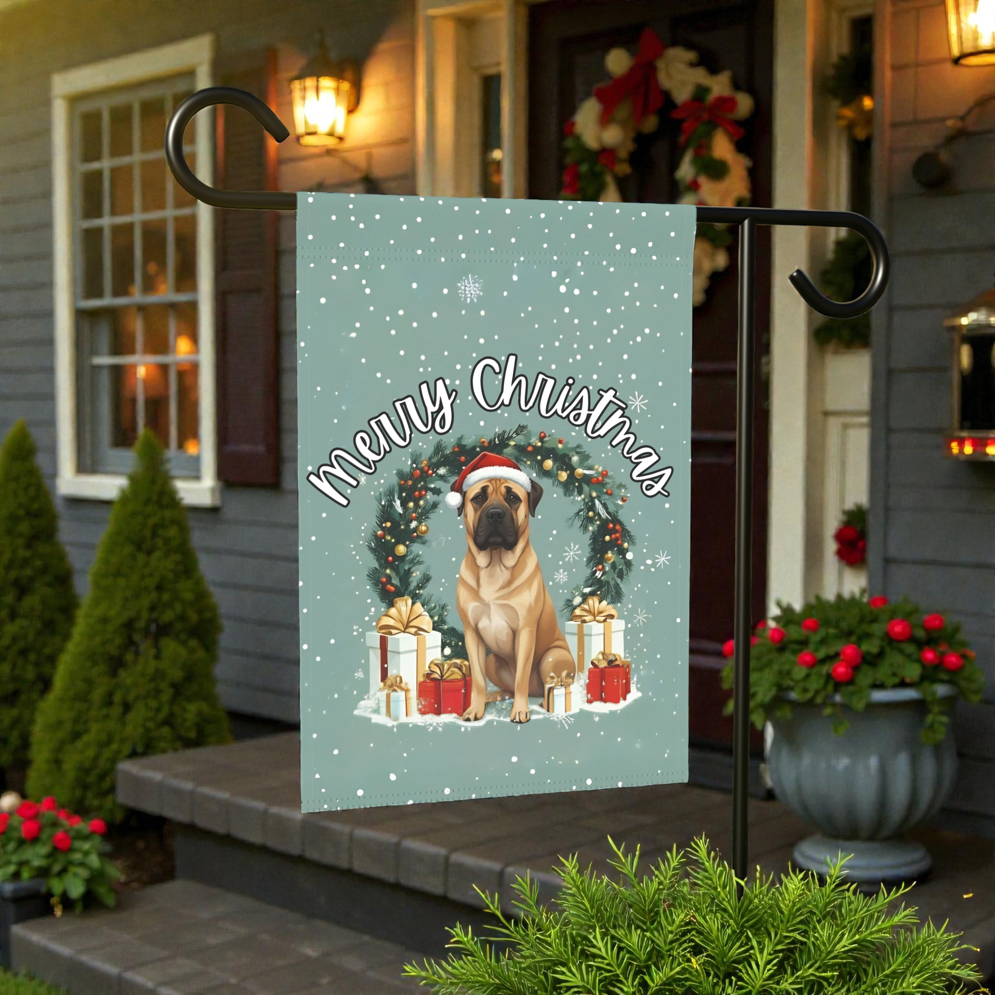 Merry Christmas Boerboel Garden Flag - lifestyle display - Dragonfire Gardens