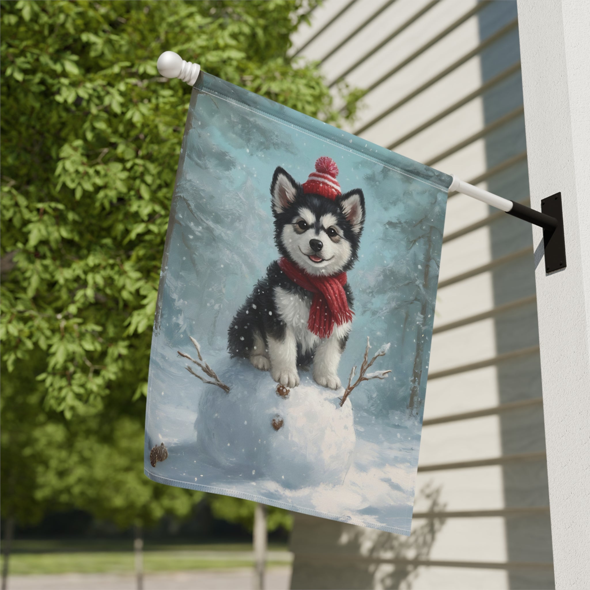 Making a Snowman Alaskan Malamute Garden Flag - double-sided design - Dragonfire Gardens