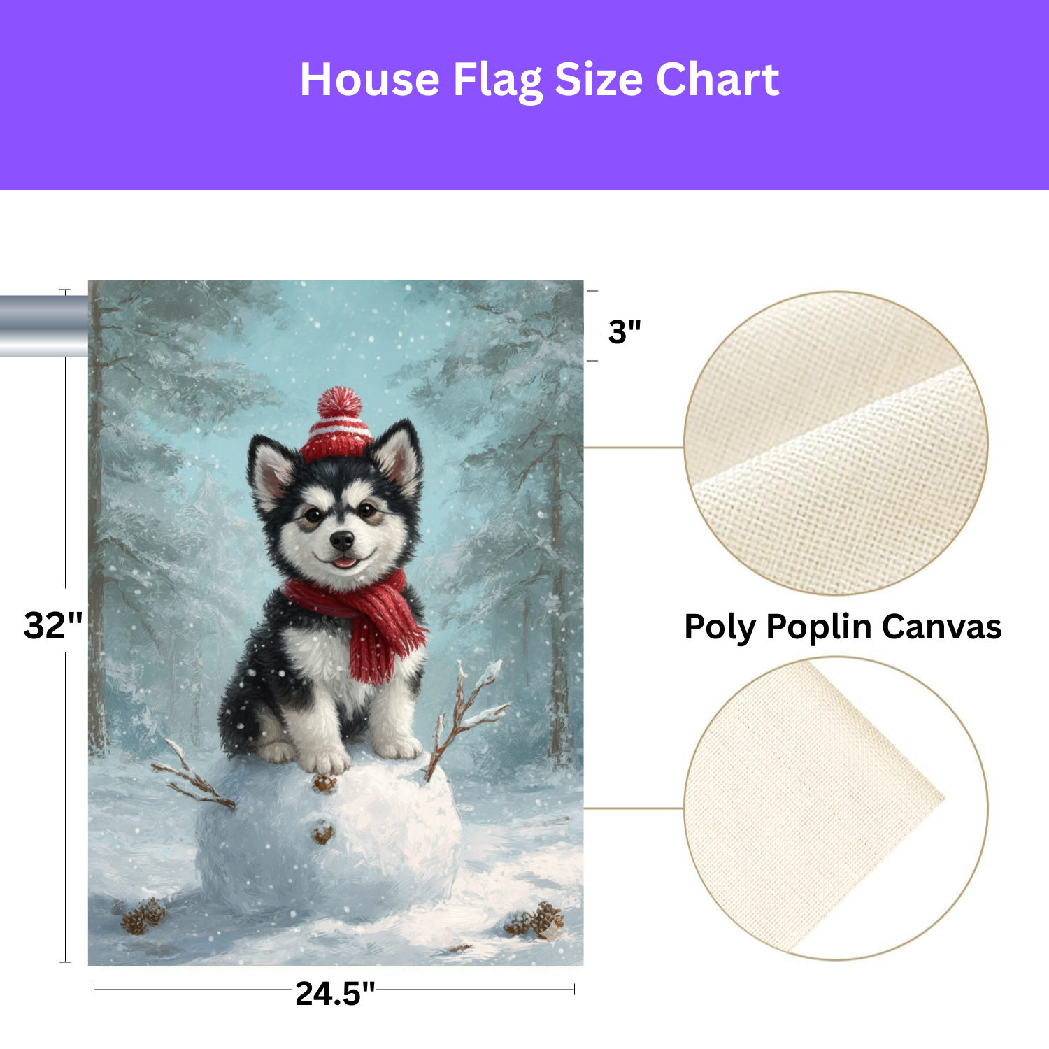 Making a Snowman Alaskan Malamute Garden Flag - size comparison - Dragonfire Gardens