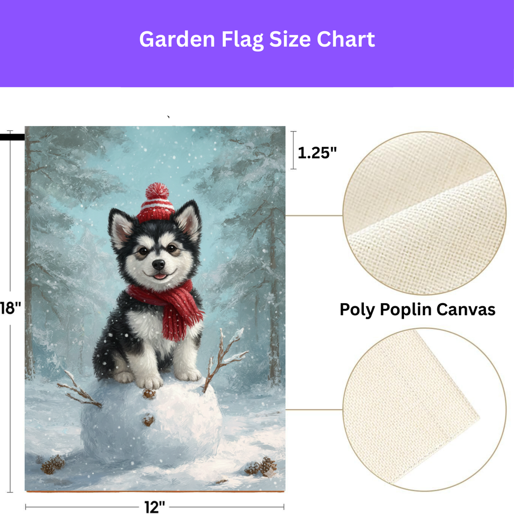Making a Snowman Alaskan Malamute Garden Flag - porch decor - Dragonfire Gardens