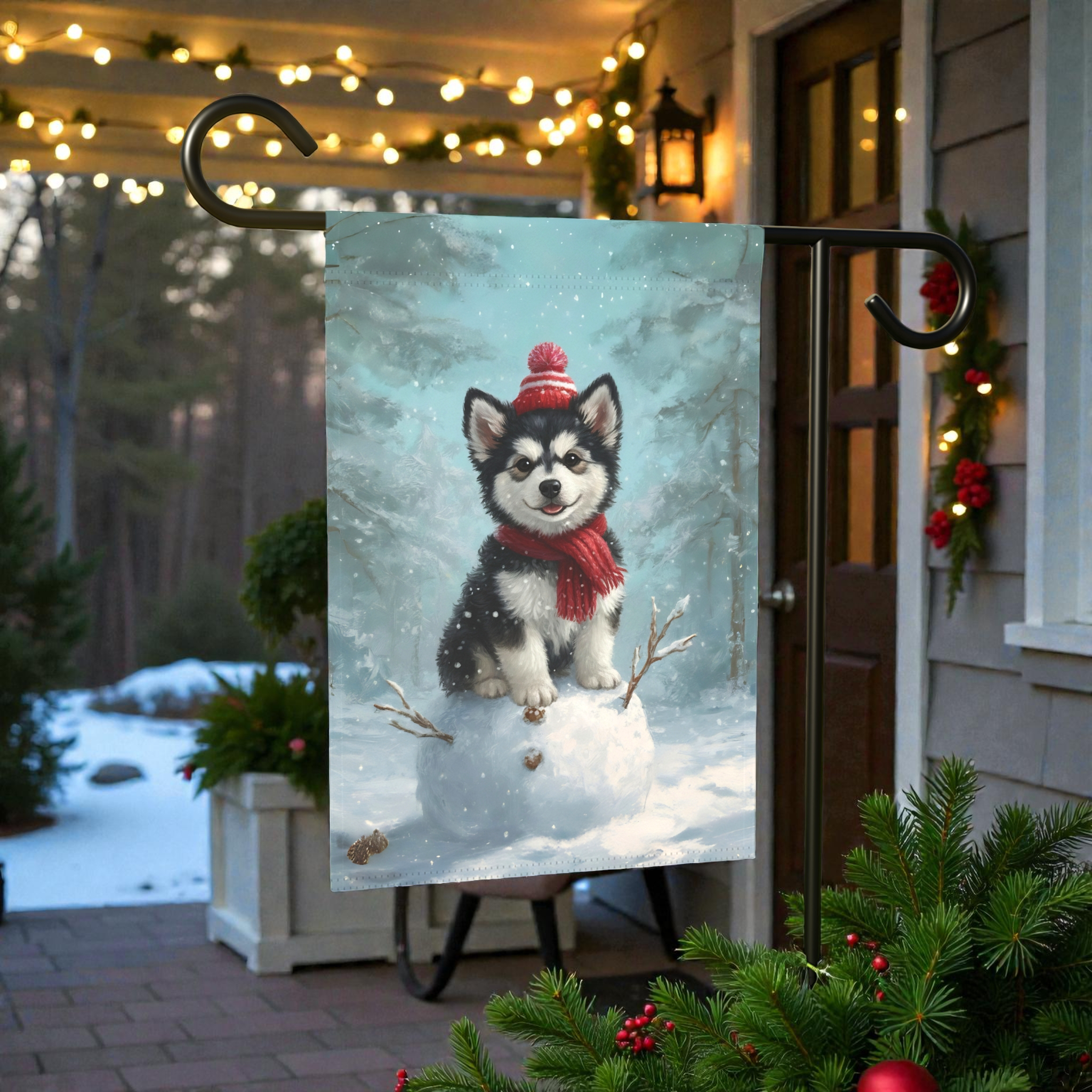 Making a Snowman Alaskan Malamute Garden Flag - product detail - Dragonfire Gardens