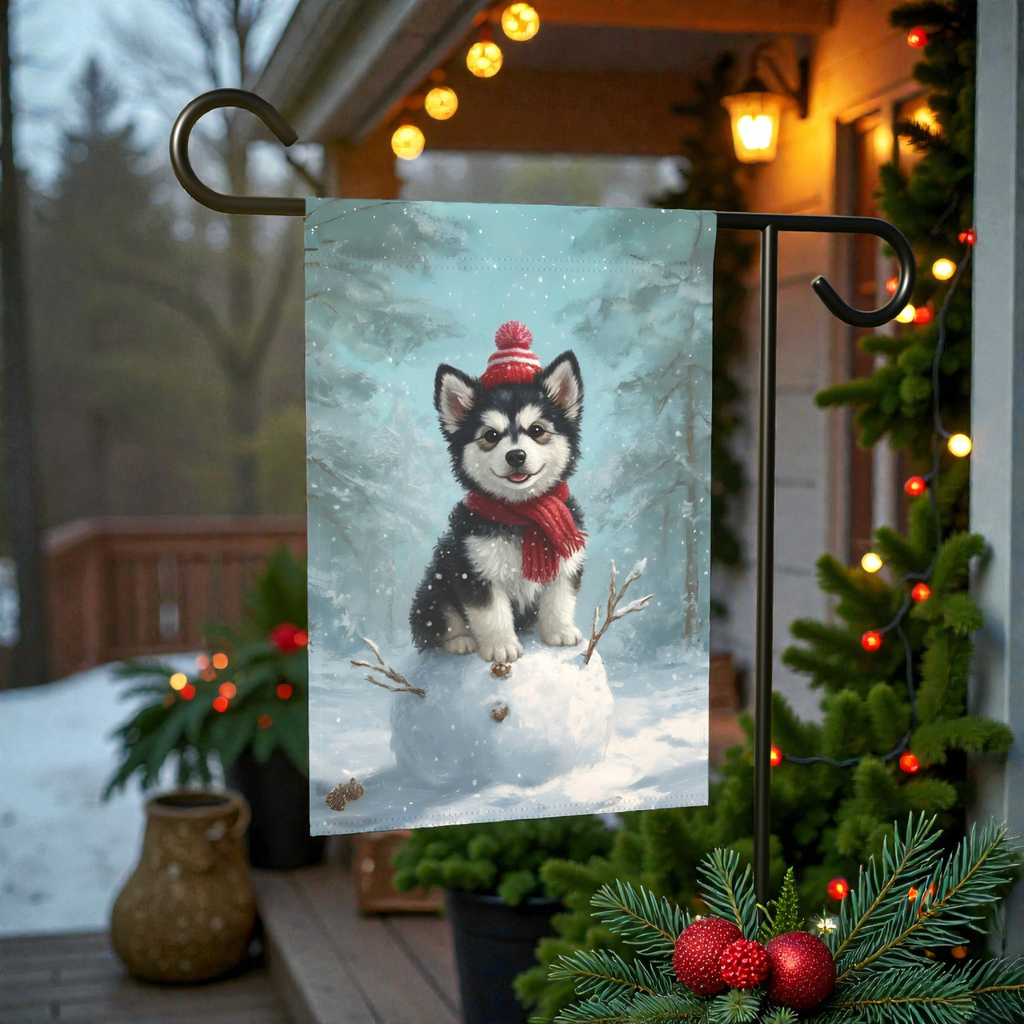 Making a Snowman Alaskan Malamute Garden Flag - outdoor display - Dragonfire Gardens