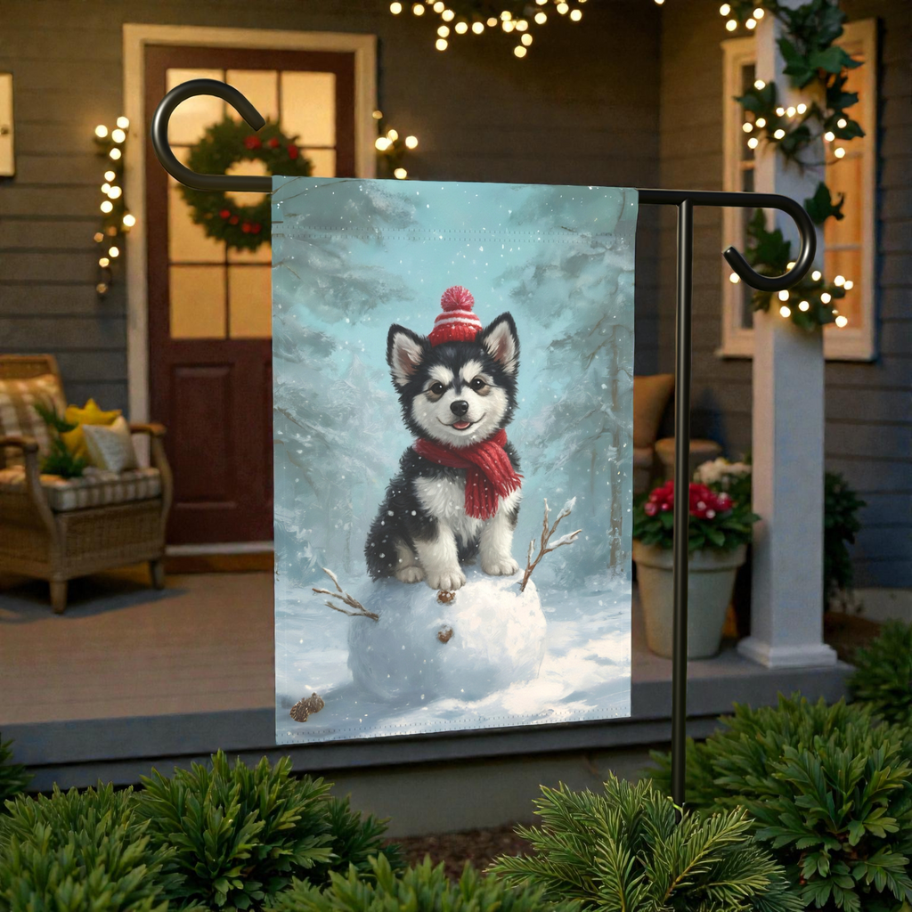 Making a Snowman Alaskan Malamute Garden Flag - lifestyle display - Dragonfire Gardens