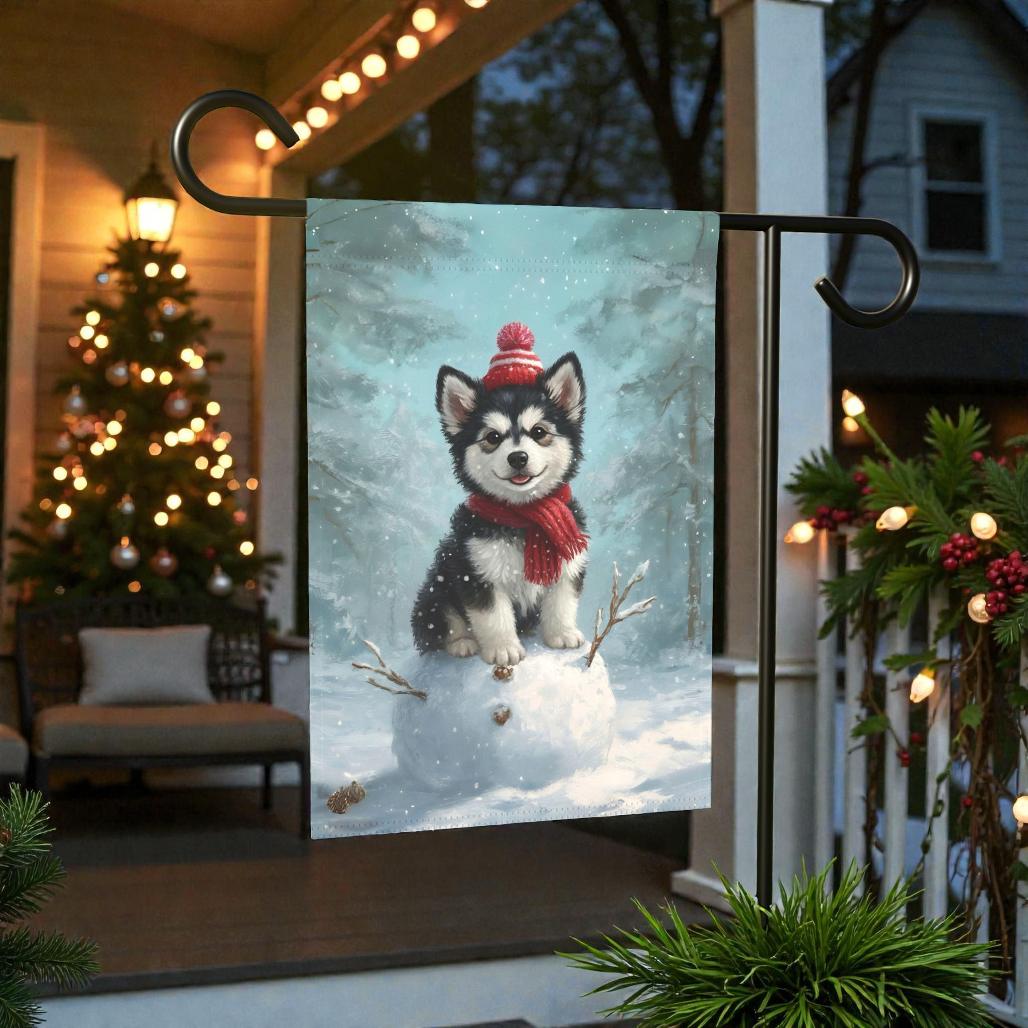 Making a Snowman Alaskan Malamute Garden Flag - front view - Dragonfire Gardens