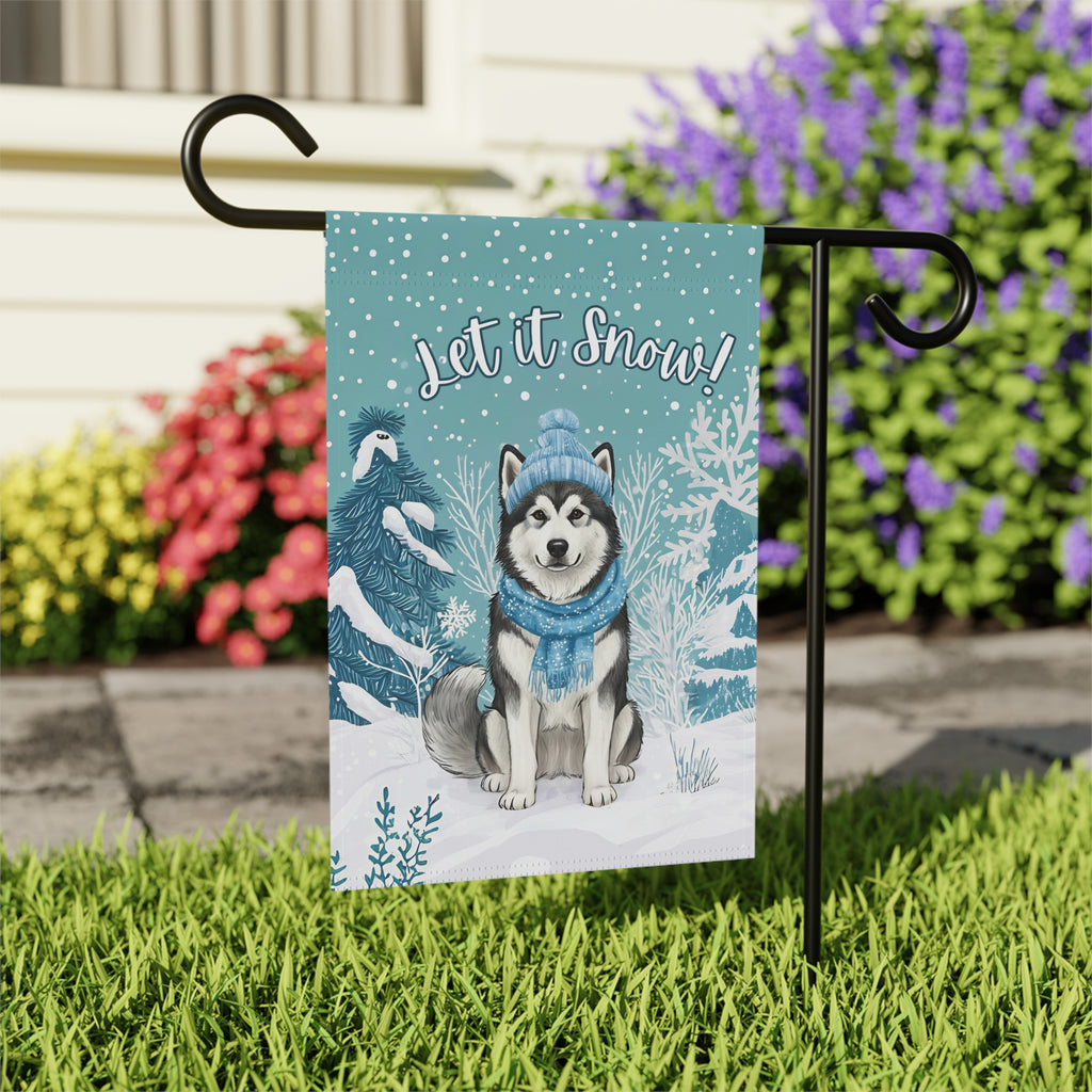 Let It Snow Alaskan Malamute Garden Flag - close-up detail - Dragonfire Gardens