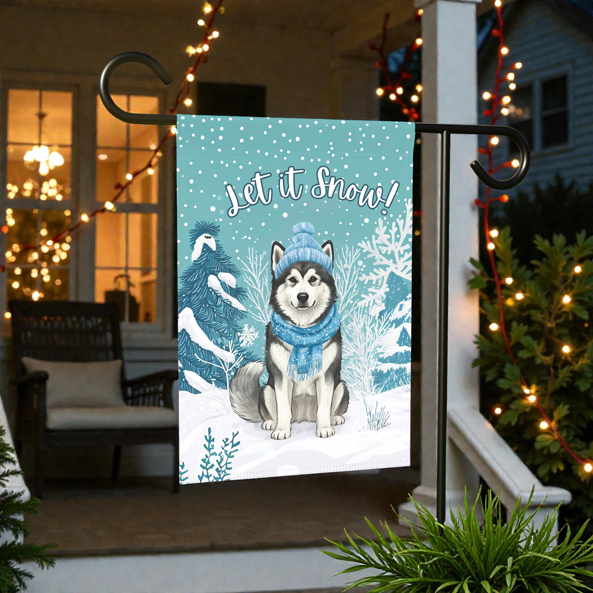 Let It Snow Alaskan Malamute Garden Flag - lifestyle display - Dragonfire Gardens