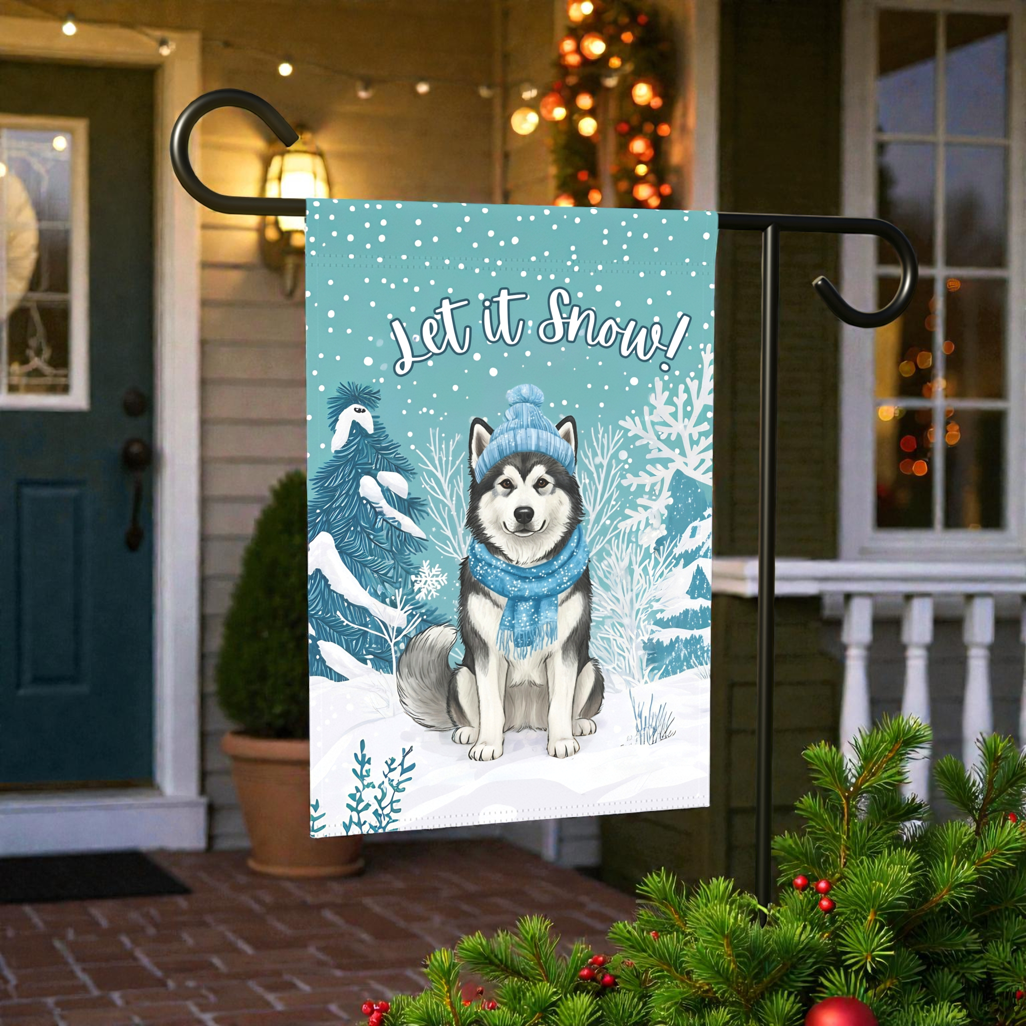 Let It Snow Alaskan Malamute Garden Flag - outdoor display - Dragonfire Gardens