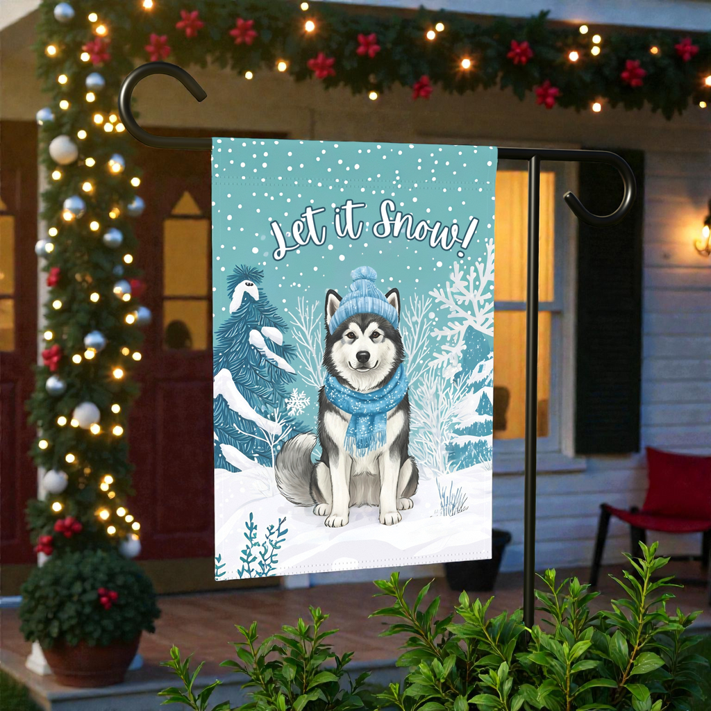 Let It Snow Alaskan Malamute Garden Flag - front view - Dragonfire Gardens
