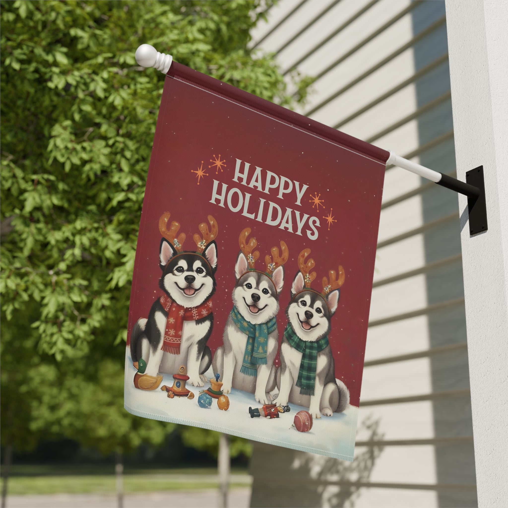 Happy Holidays Alaskan Malamutes Christmas Garden Flag - double-sided design - Dragonfire Gardens
