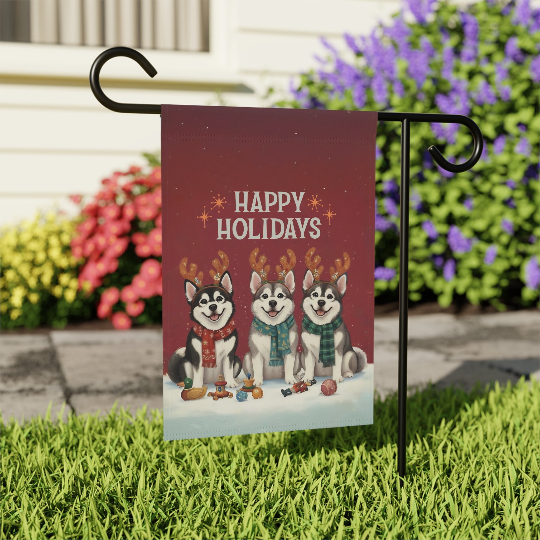 Happy Holidays Alaskan Malamutes Christmas Garden Flag - close-up detail - Dragonfire Gardens