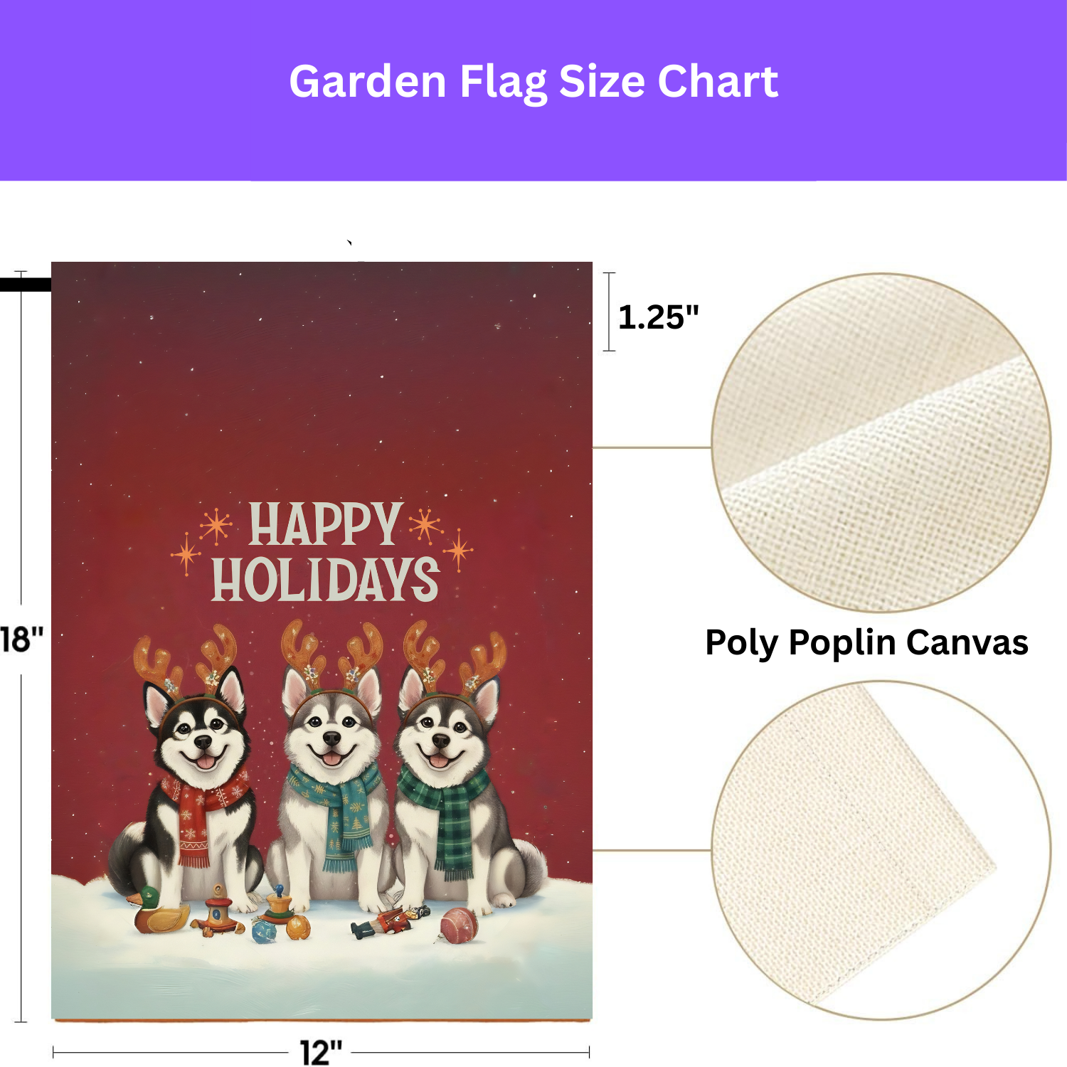 Happy Holidays Alaskan Malamutes Christmas Garden Flag - size comparison - Dragonfire Gardens