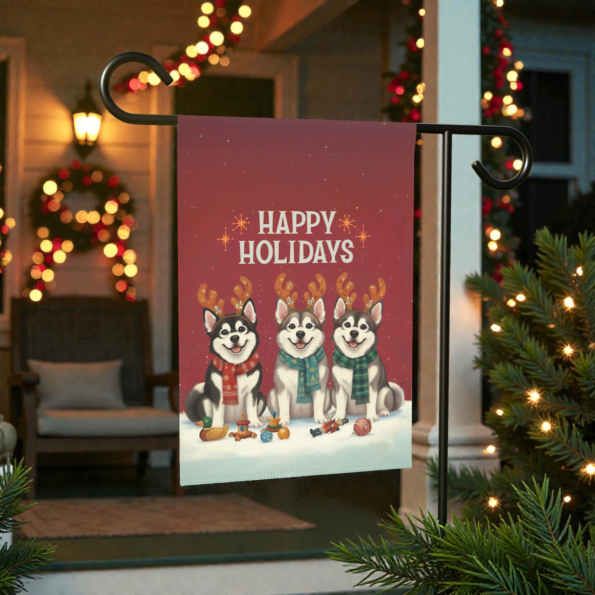 Happy Holidays Alaskan Malamutes Christmas Garden Flag - outdoor display - Dragonfire Gardens