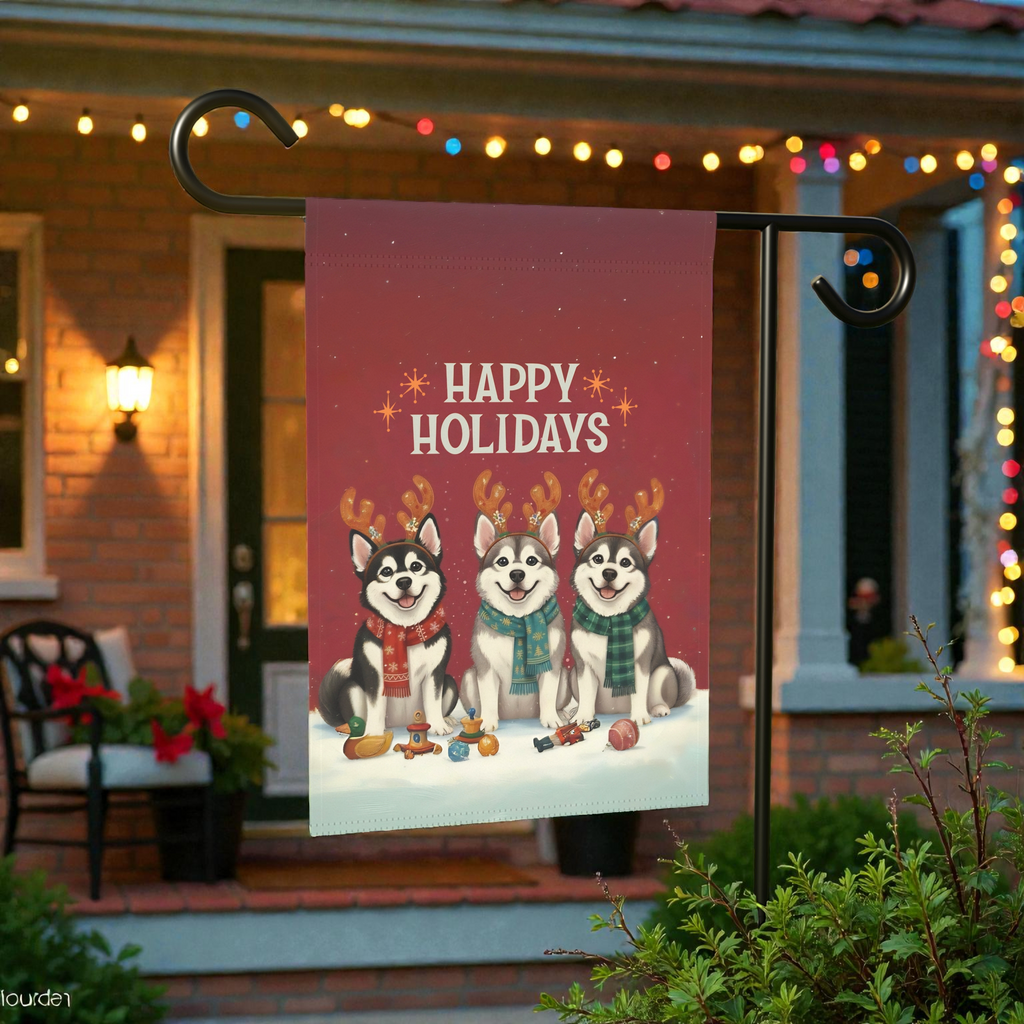 Happy Holidays Alaskan Malamutes Christmas Garden Flag - front view - Dragonfire Gardens