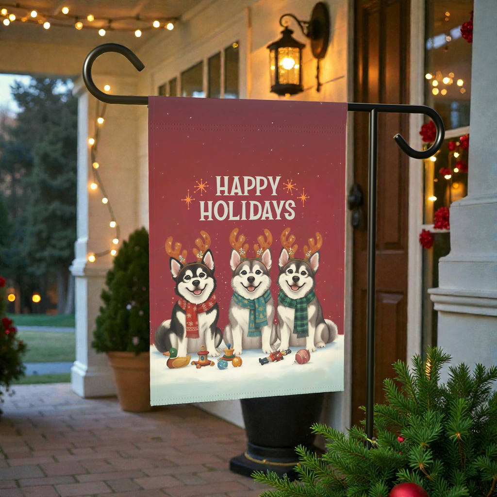 Happy Holidays Alaskan Malamutes Christmas Garden Flag - lifestyle display - Dragonfire Gardens