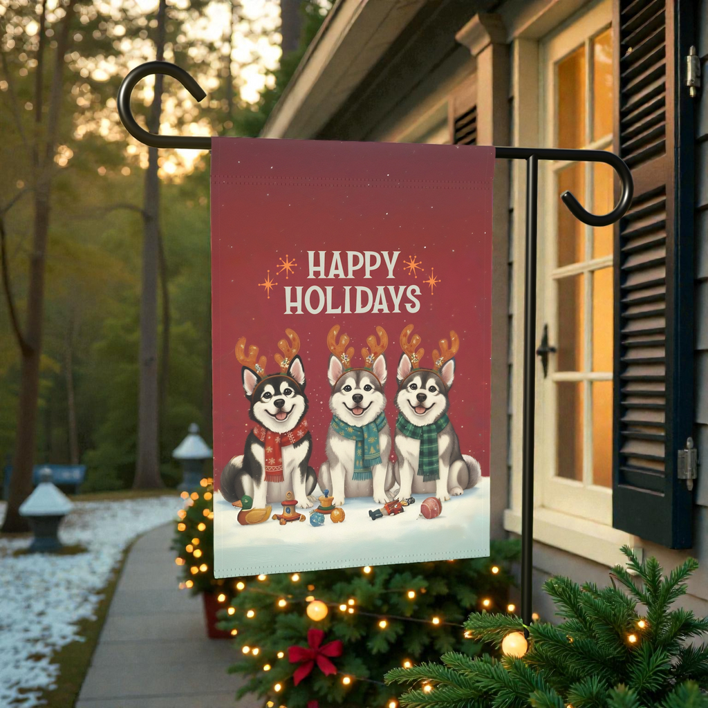 Happy Holidays Alaskan Malamutes Christmas Garden Flag - product detail - Dragonfire Gardens