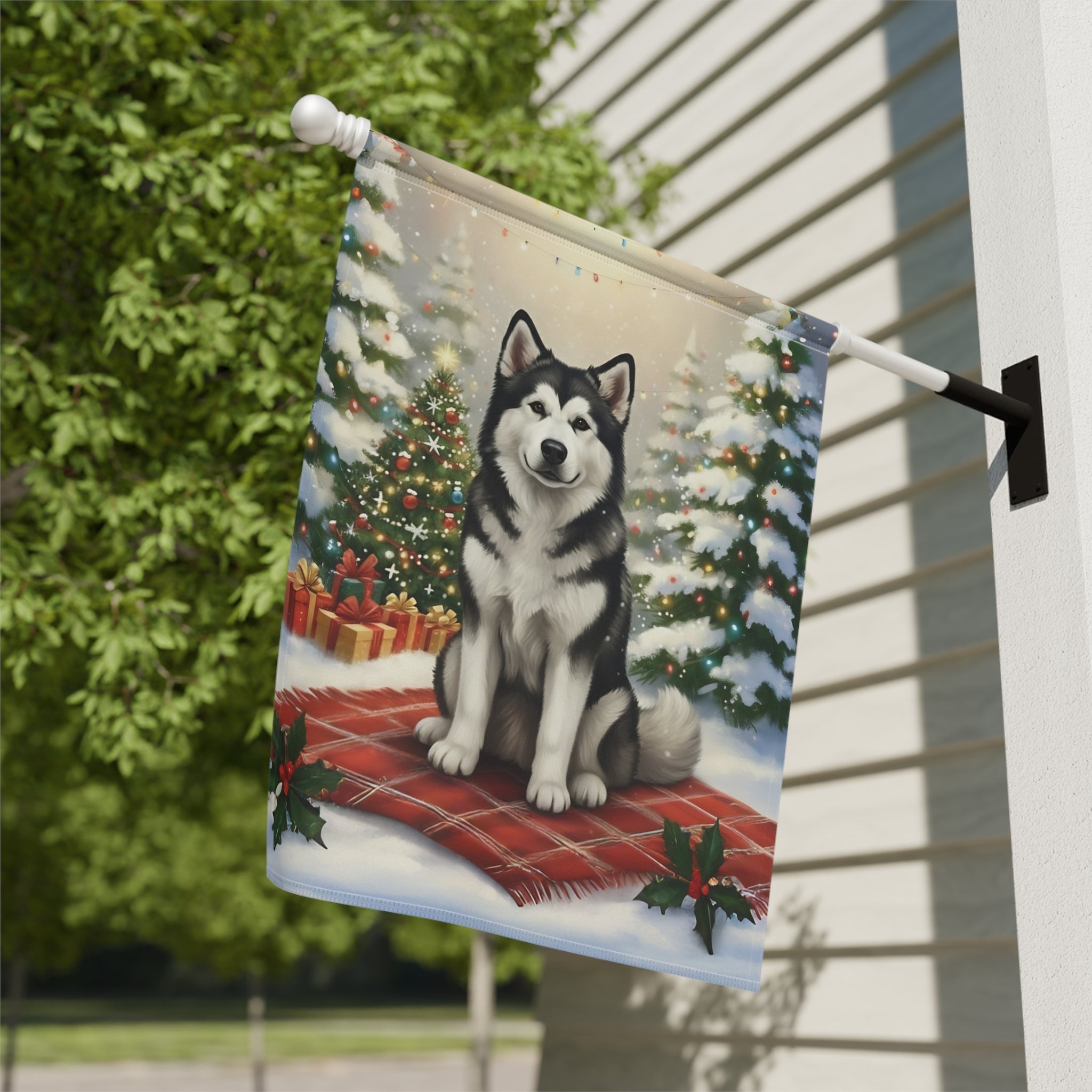 Christmas Tree and Presents Alaskan Malamute Garden Flag - double-sided design - Dragonfire Gardens