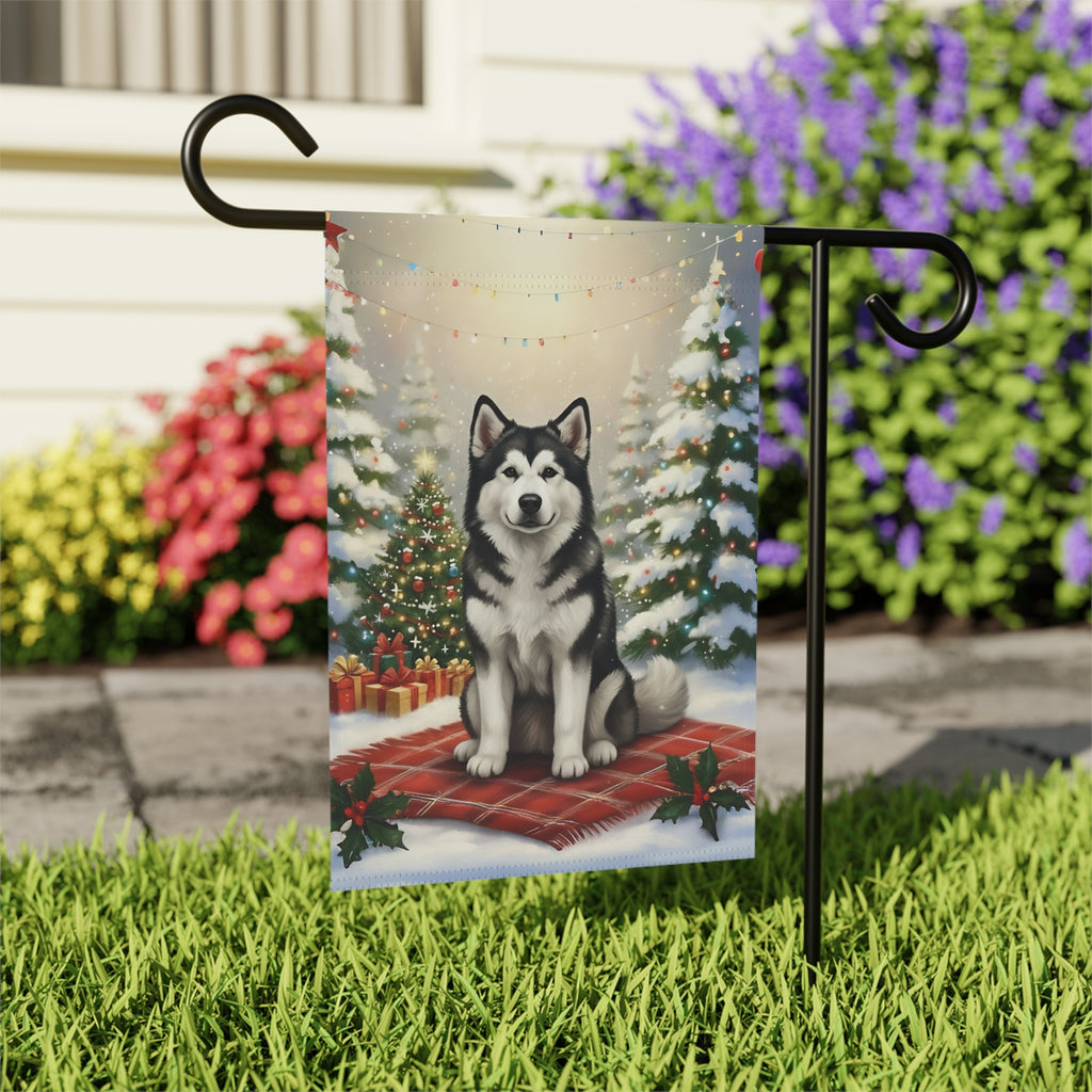 Christmas Tree and Presents Alaskan Malamute Garden Flag - close-up detail - Dragonfire Gardens
