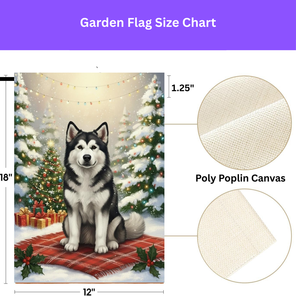 Christmas Tree and Presents Alaskan Malamute Garden Flag - size comparison - Dragonfire Gardens