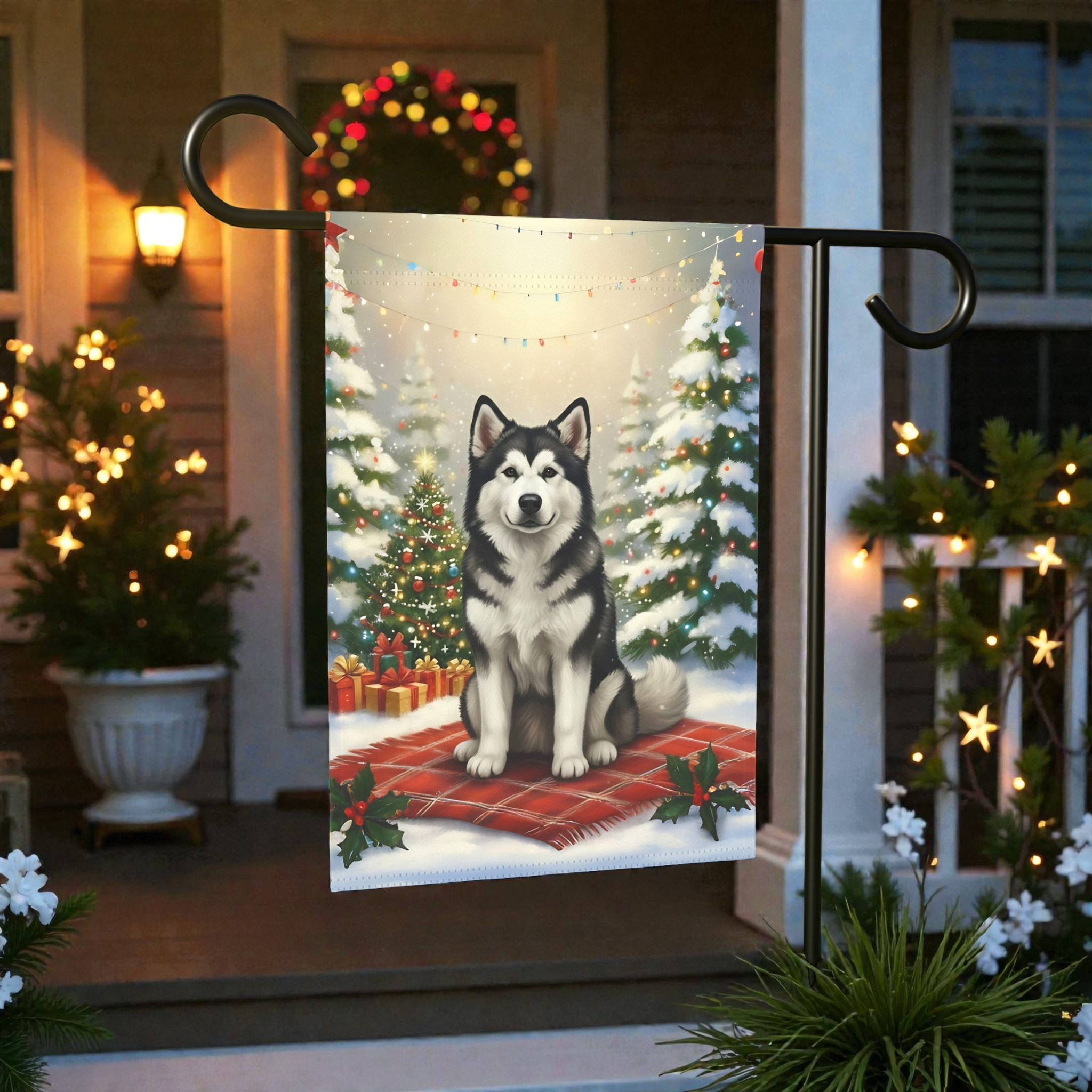 Christmas Tree and Presents Alaskan Malamute Garden Flag - front view - Dragonfire Gardens