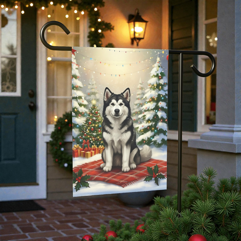 Christmas Tree and Presents Alaskan Malamute Garden Flag - outdoor display - Dragonfire Gardens