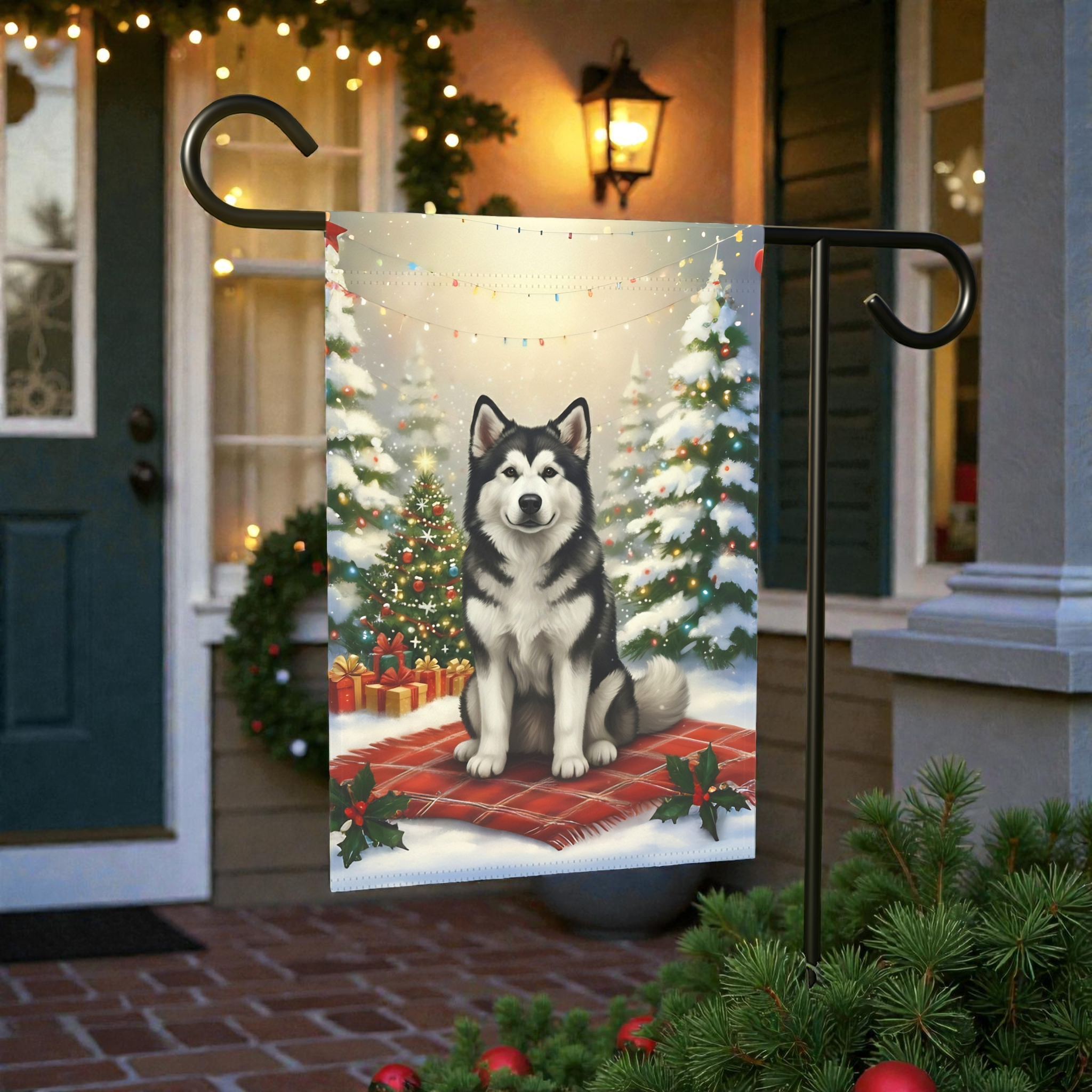 Christmas Tree and Presents Alaskan Malamute Garden Flag - outdoor display - Dragonfire Gardens