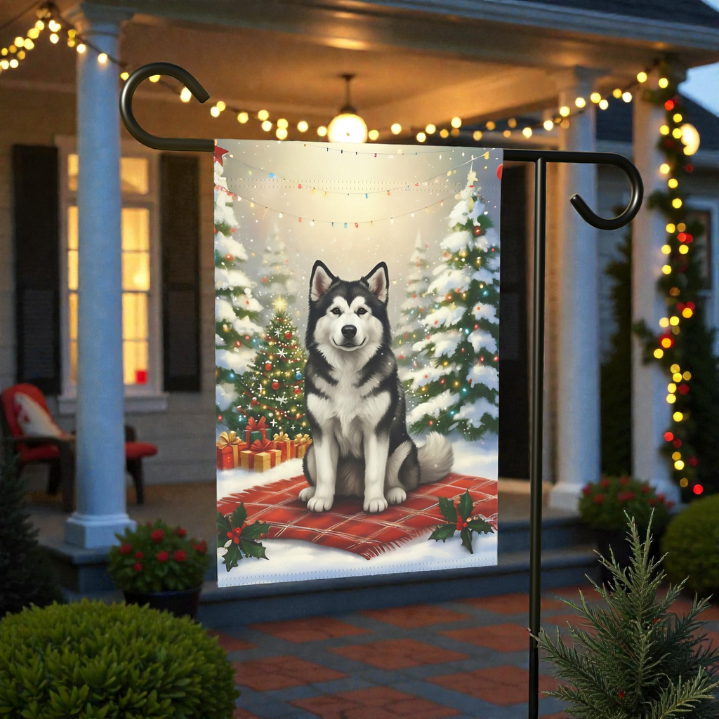 Christmas Tree and Presents Alaskan Malamute Garden Flag - lifestyle display - Dragonfire Gardens