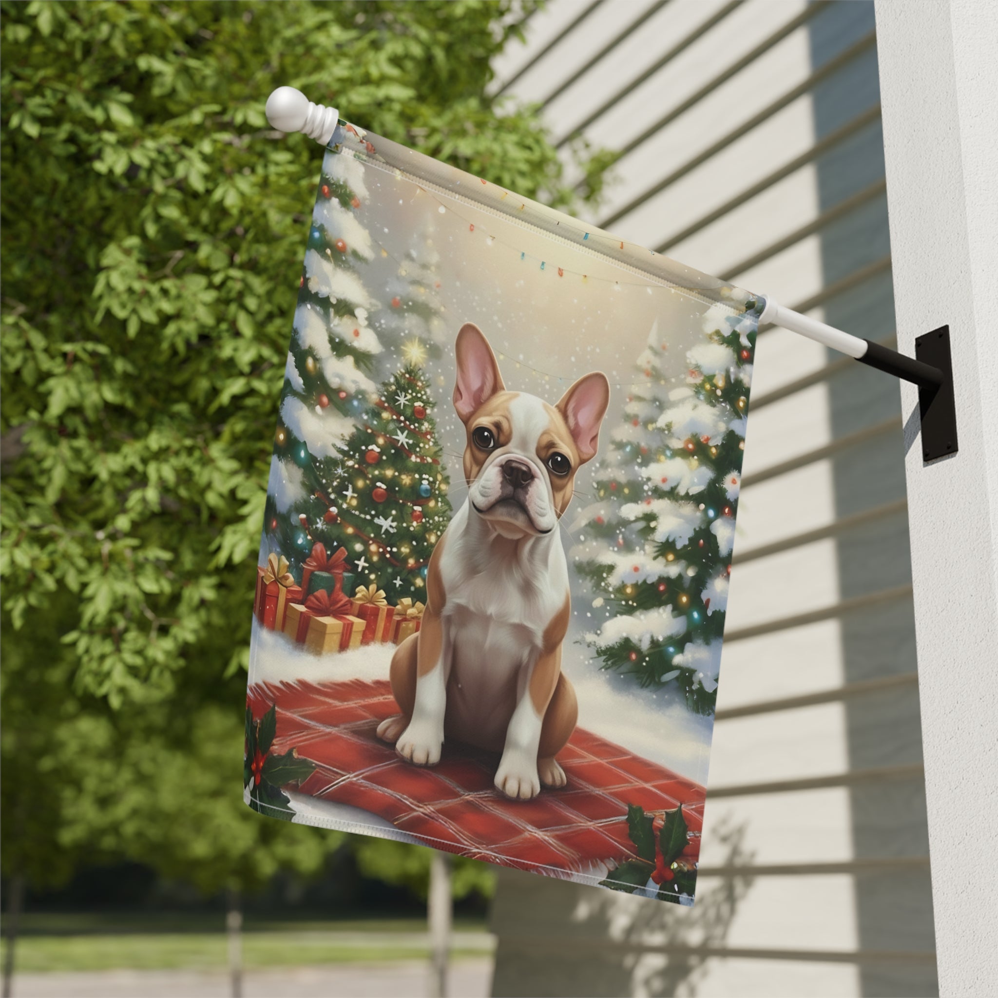 Christmas Tree and Presents French Bulldog Garden Flag - double-sided design - Dragonfire Gardens
